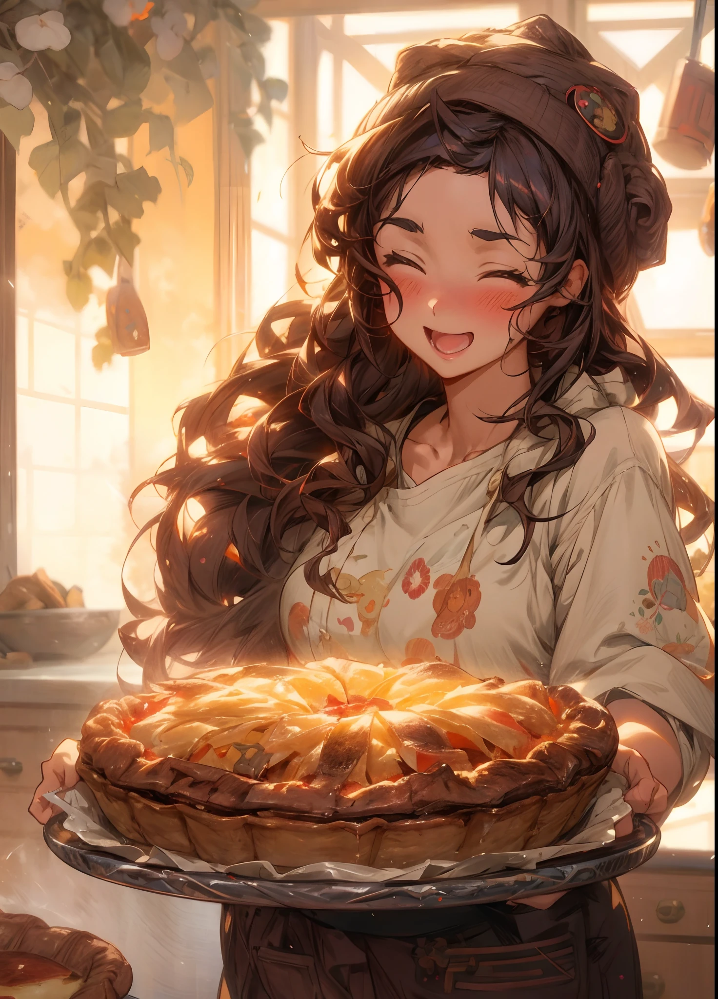 anime girl holding a pie in a kitchen with a window in the background, artwork in the style of guweiz, guweiz, cute, guweiz on pixiv artstation, anime food, guweiz on artstation pixiv, pixiv contest winner, anime visual of a cute girl, pokimane, digital art on pixiv