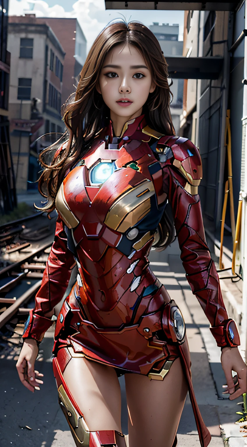 Award-Awarded, Super detail, hyper HD, Anatomically correct, retinas, Textured skin, Masterpiece, ccurate, High details, High quality, Best quality, A high resolution，8K，realisticlying，Glamorous，The is very detailed，A 20-year-old girl, a sexy and charming woman, inspired by Iron Man，Charming sexy pose，Dynamic capture，Wearing a shiny Iron Man mech，The color of the moment。She dresses to show sexiness and confidence，It perfectly interprets the power and charm of Iron Man。Abandoned warehouse as background，It creates a unique atmosphere，Highlight her bravery and perseverance。The cloudy sky adds a touch of tension and mystery to the entire scene。This one is high definition、High-quality images will give you a stunning visual experience，Detailed abandoned warehouses and shiny mechs will keep your eyes peeled。oc rendered，dramatic lights，Award-winning quality