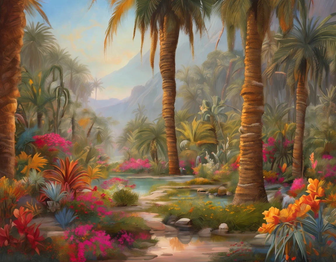 Masterpiece, Best quality, High quality, Extremely detailed Cg Unity 8K wallpaper, Charming and dreamy desert oasis scene, with palm trees, The hidden fairytale valley creates a sense of mystery and charm, art stations, Intricate, Trendy, Award-winning photography, Bokeh, Depth of field, hdr, full bloom, color difference, Photorealistic, Extremely detailed, trends in art station, Trend of CGsociety, Intricate, detail-rich, Dramatic, Halfway through the art,, very detailed fingers, (Digital artwork), (Detailed manga illustrations), (detailed line art), (Perfect)) parfect anatomy, best hand)), (intricately details: 1.3), (Very detailed: 1.3 ), (illustration :1.3 ), (Sharp focus:1.3), (Natural light:1.05), (Bright color:1.3)