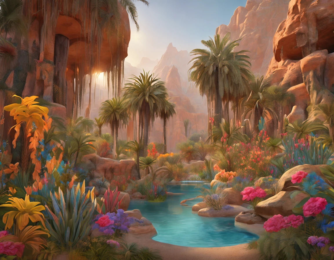Masterpiece, Best quality, High quality, Extremely detailed Cg Unity 8K wallpaper, Charming and dreamy desert oasis scene, with palm trees, The hidden fairytale valley creates a sense of mystery and charm, art  stations, Intricate, Trendy, Award-winning photography, Bokeh, Depth of field, hdr, full bloom, color difference, Photorealistic, Extremely detailed, trends in art station, Trend of CGsociety, Intricate, detail-rich, Dramatic, Halfway through the art，, very detailed fingers, (Digital artwork), (Detailed manga illustrations), (detailed line art), (Perfect)) parfect anatomy, best hand)), (intricately details: 1.3), (Very detailed: 1.3 ), (illustration :1.3 ), (Sharp focus:1.3), (Natural light:1.05), (Bright color:1.3)