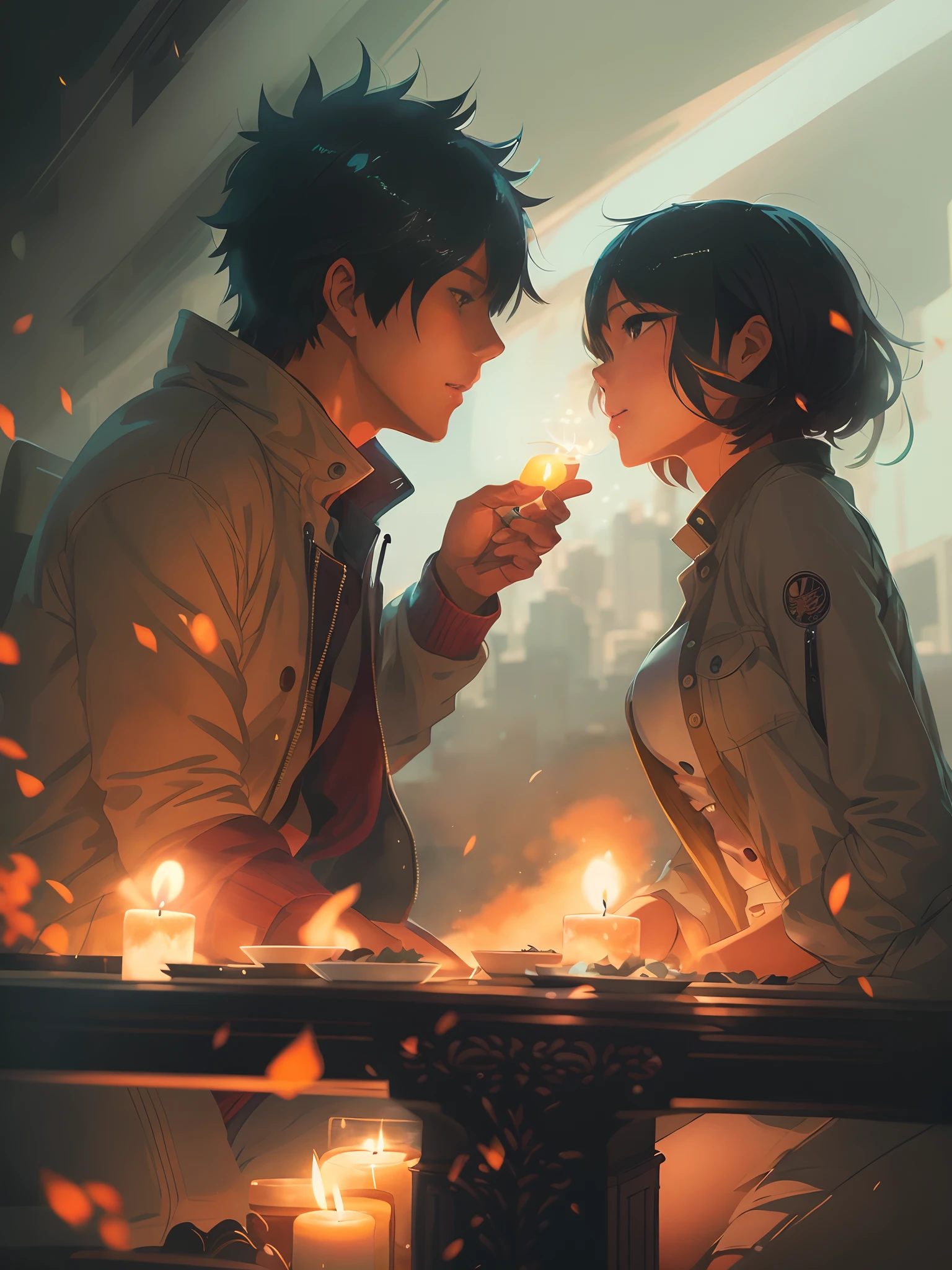 Anime couple sitting at a table with candles and a candle, guweiz and makoto shinkai, Ross Tran and Makoto Shinkai, Ross Tran and Ilya Kuvshinov, artwork in the style of guweiz, Makoto Shinkai and Tom Bagshaw, makoto shinkai and artgerm, sakimichan and makoto shinkai