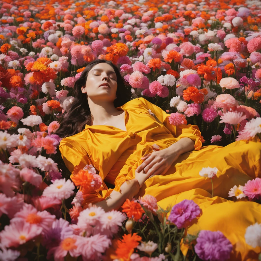 Arapei woman lying in a flower bed in a flower field, The album cover was inspired by Ren Hang, Flickr, magic realism, girl in a bed of flowers, woman in flowers, covered with flowers, girl floating in a flower field, Girl in flowers, Flower beds on the floor, covered in flowers, Wrapped in flowers, With flowers, Flowers around