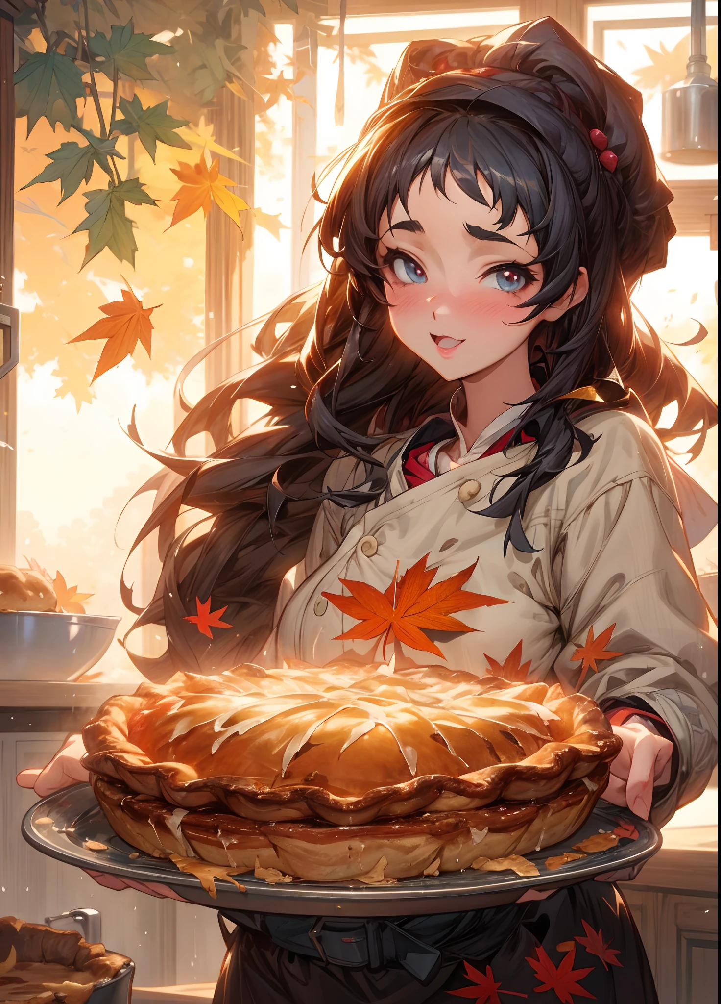 anime girl holding a pie in a kitchen with a window in the background, artwork in the style of guweiz, guweiz, 🍁 cute, guweiz on pixiv artstation, anime food, guweiz on artstation pixiv, pixiv contest winner, anime visual of a cute girl, pokimane, digital art on pixiv