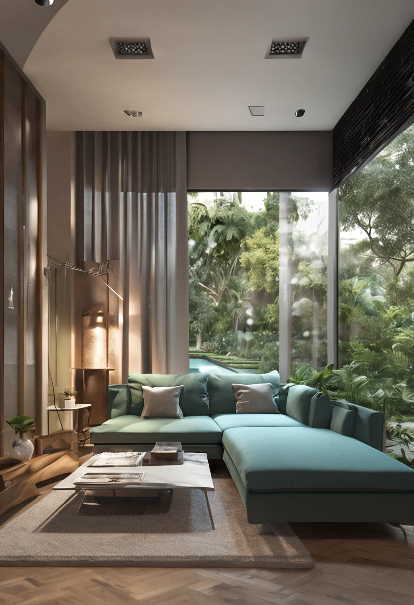 You are a renowned interior designer and have been commissioned to create a 3D image of a modern large room. Create a harmonious environment with modern and minimalist furniture. inclua um jardim interior.