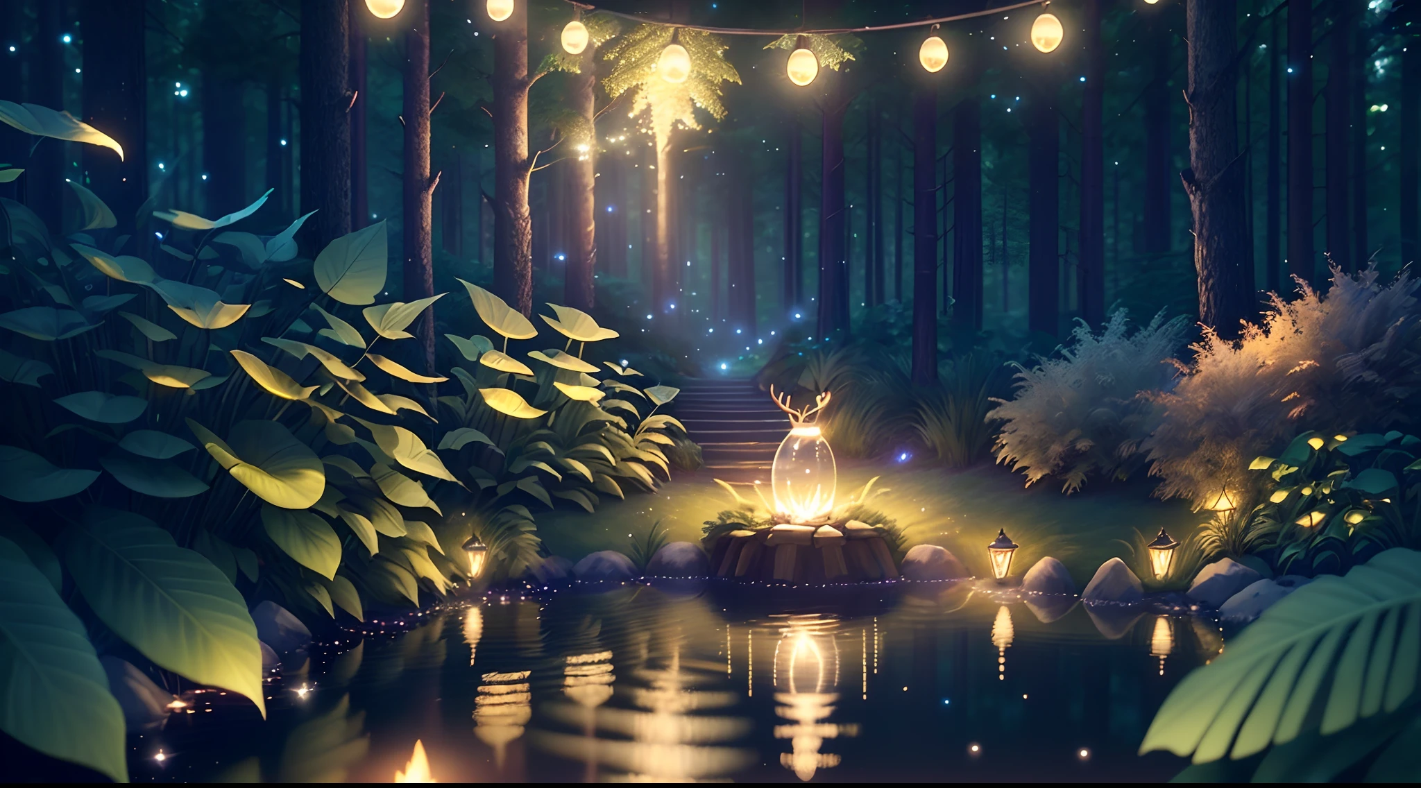 Masterpiece, best quality, (very detailed CG unity 8k wallpaper), (best quality), (best illustration), (best shadows), glow sprite, with a glowing deer, in the swimming pool Drinking water, natural elements in the forest theme. Mysterious forest, beautiful forest, nature, surrounded by flowers, delicate leaves and branches surrounded by fireflies (natural elements), (jungle theme), (leaves), (twigs), (fireflies), (particle effects) etc. 3D , Octane rendering, ray tracing, super detailed,