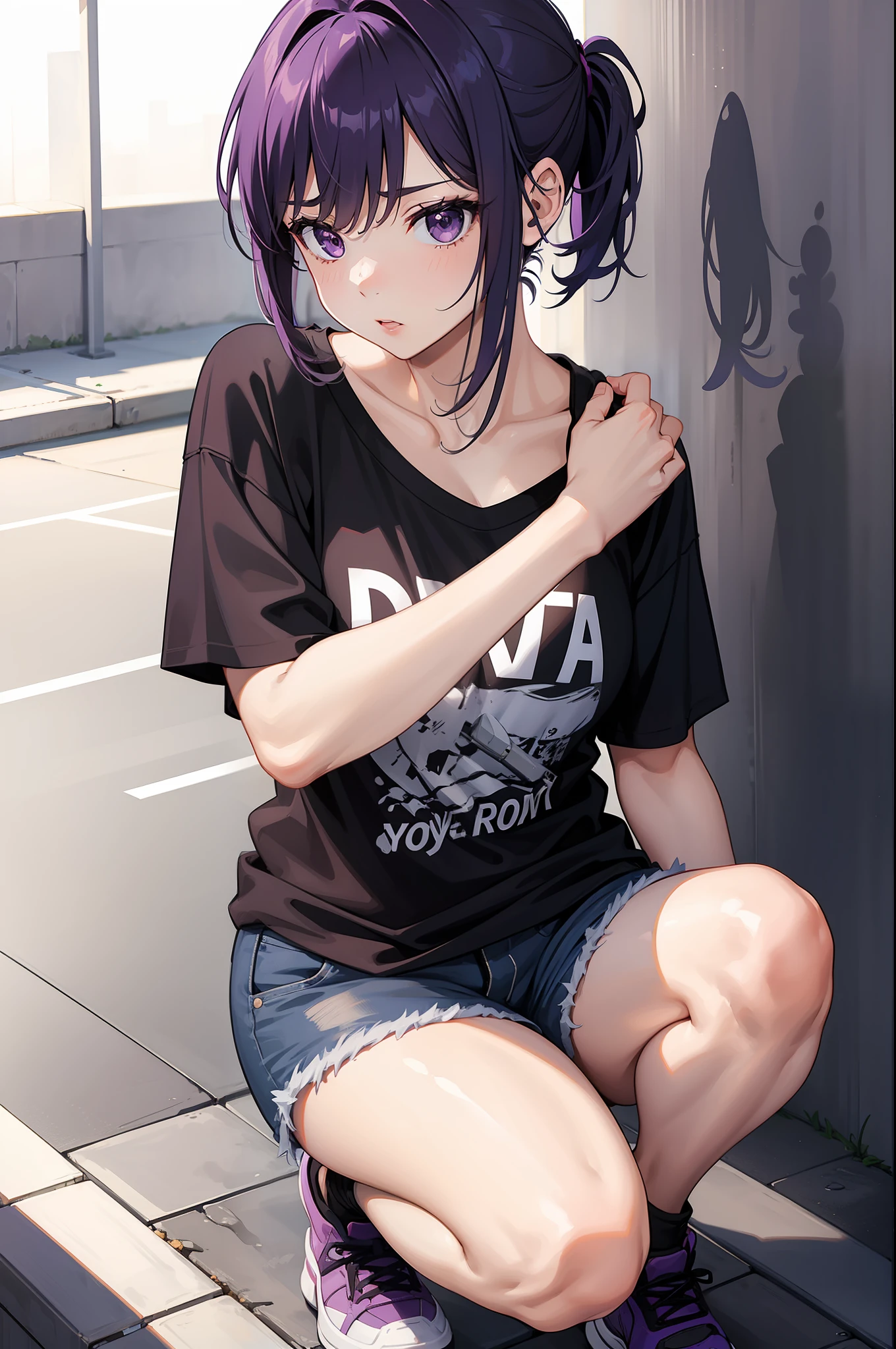 Girl, sexy pose, on knees, T-shirt shorts , short hair purple hair, spiky pony tail