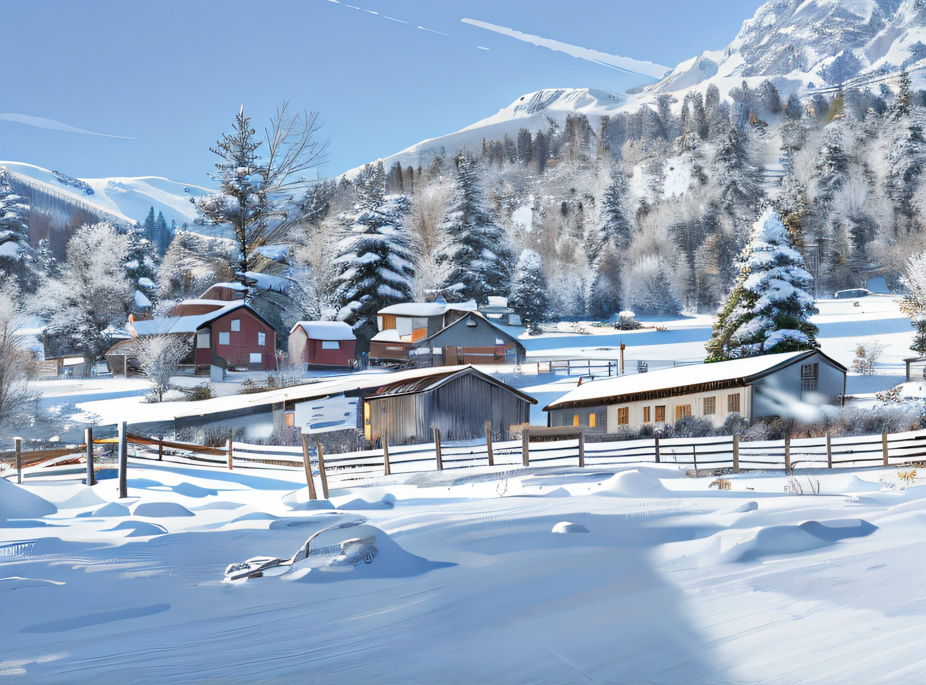 In the background is a snowy field,There are fences and houses, snow landscape background, Snowy environment, The background is blurred out, blurry photo, blurred environment background, out of focus background, out - of - focus background, background out of focus, blurry distant background, exploitable image, The background is blurred, only snow i the background