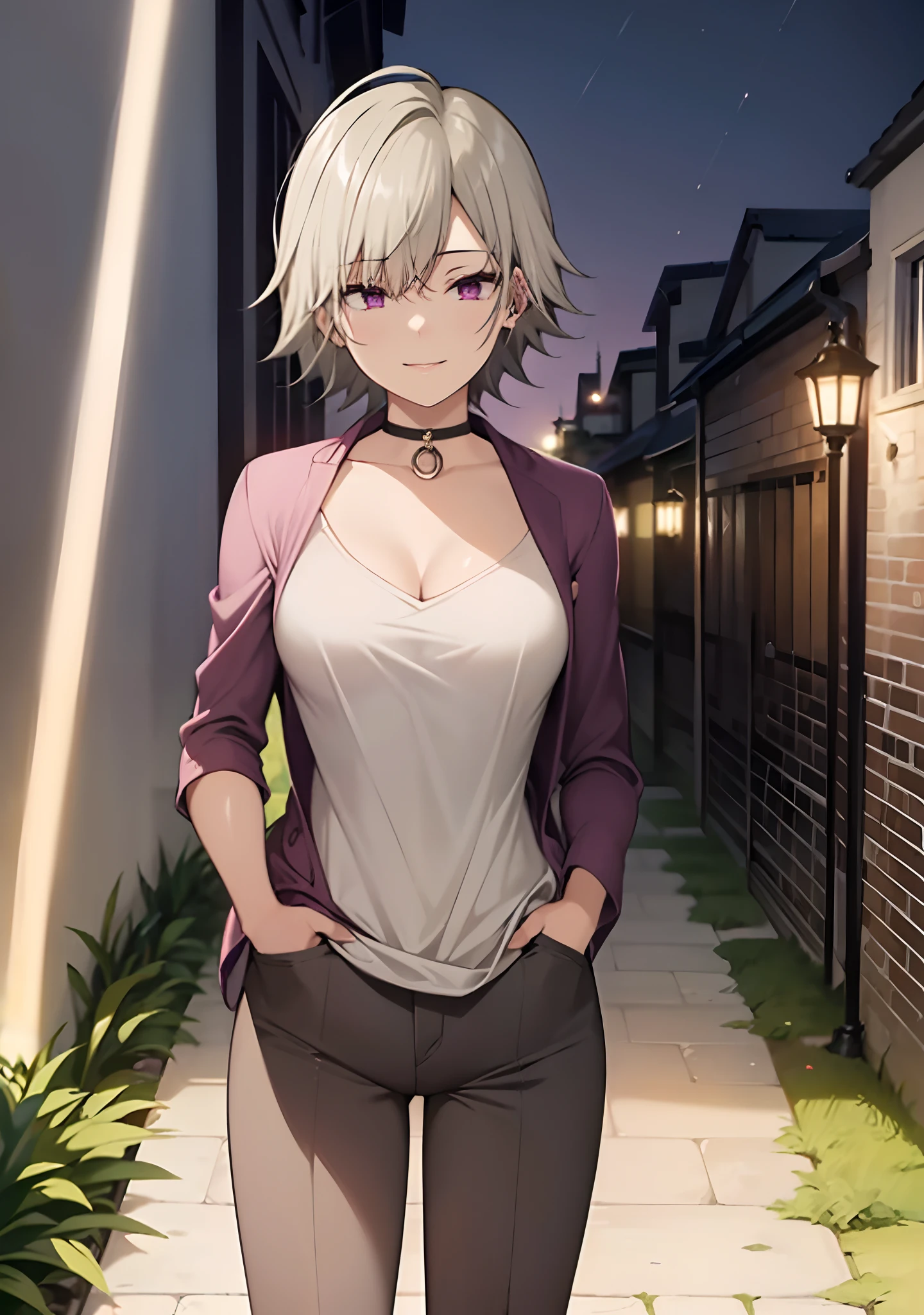 (masterpiece, best quality:1.2), cowboy shot, solo, 1girl, white hair, short wavy hair, purple eyes, average breasts, slender body, light smile, looking at viewer, hands in pockets, lady office suit, (braless), cleavage, black pants, choker, cityscape scenery, street, night light, night time,