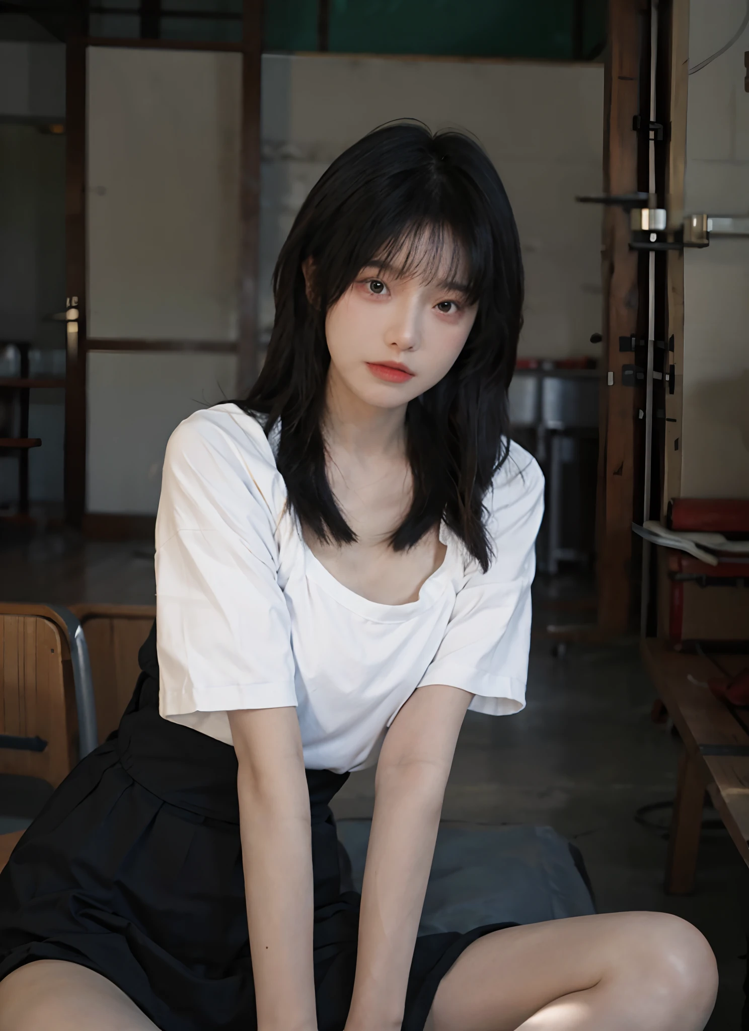 best qualtiy,tmasterpiece,超高分辨率,school ground,(realisticlying:1.4),1girll,Raised sexy,(The shirt:1.2),(brassier:1.2),(big cleavage breasts:1.3),(The upper part of the body:1.4),Black tight short sleeves,Short white dress,Bigchest,young ,teens girl