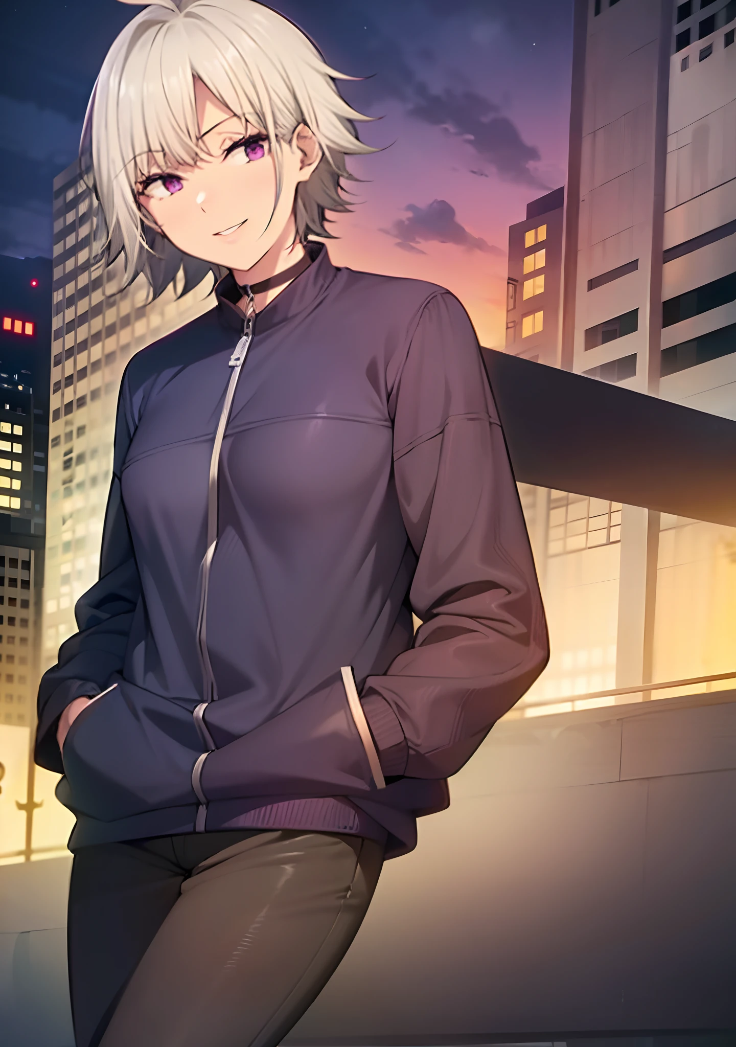 (masterpiece, best quality:1.2), cowboy shot, solo, 1girl, white hair, short wavy hair, purple eyes, average breasts, slender body, light smile, looking at viewer, hands in pockets, lady office suit, (braless), cleavage, black pants, choker, cityscape scenery, street, night light, night time,