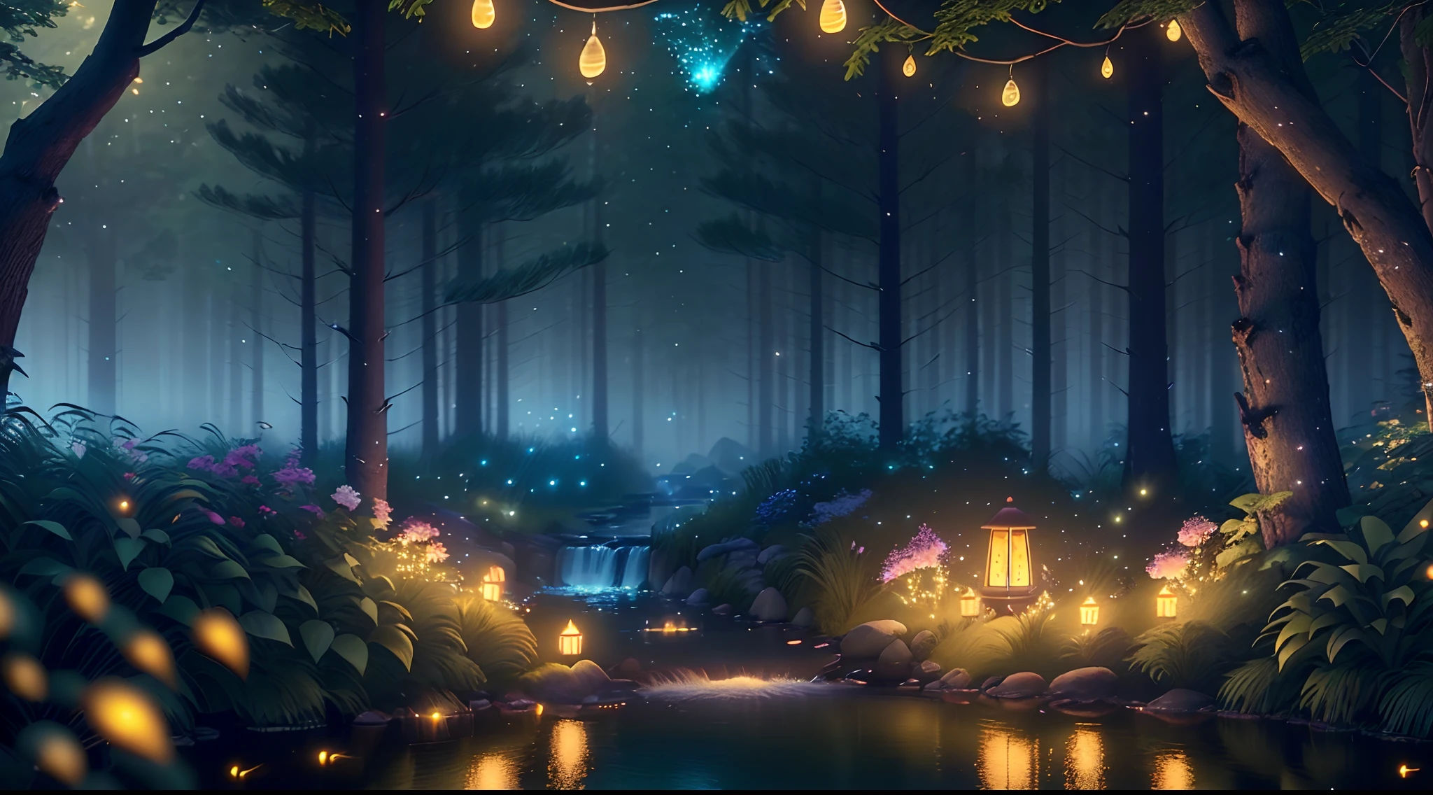 Masterpiece, best quality, (very detailed CG unity 8k wallpaper), (best quality), (best illustration), (best shadows), glow sprite, with a glowing deer, in the swimming pool Drinking water, natural elements in the forest theme. Mysterious forest, beautiful forest, nature, surrounded by flowers, delicate leaves and branches surrounded by fireflies (natural elements), (jungle theme), (leaves), (twigs), (fireflies), (particle effects) etc. 3D , Octane rendering, ray tracing, super detailed,