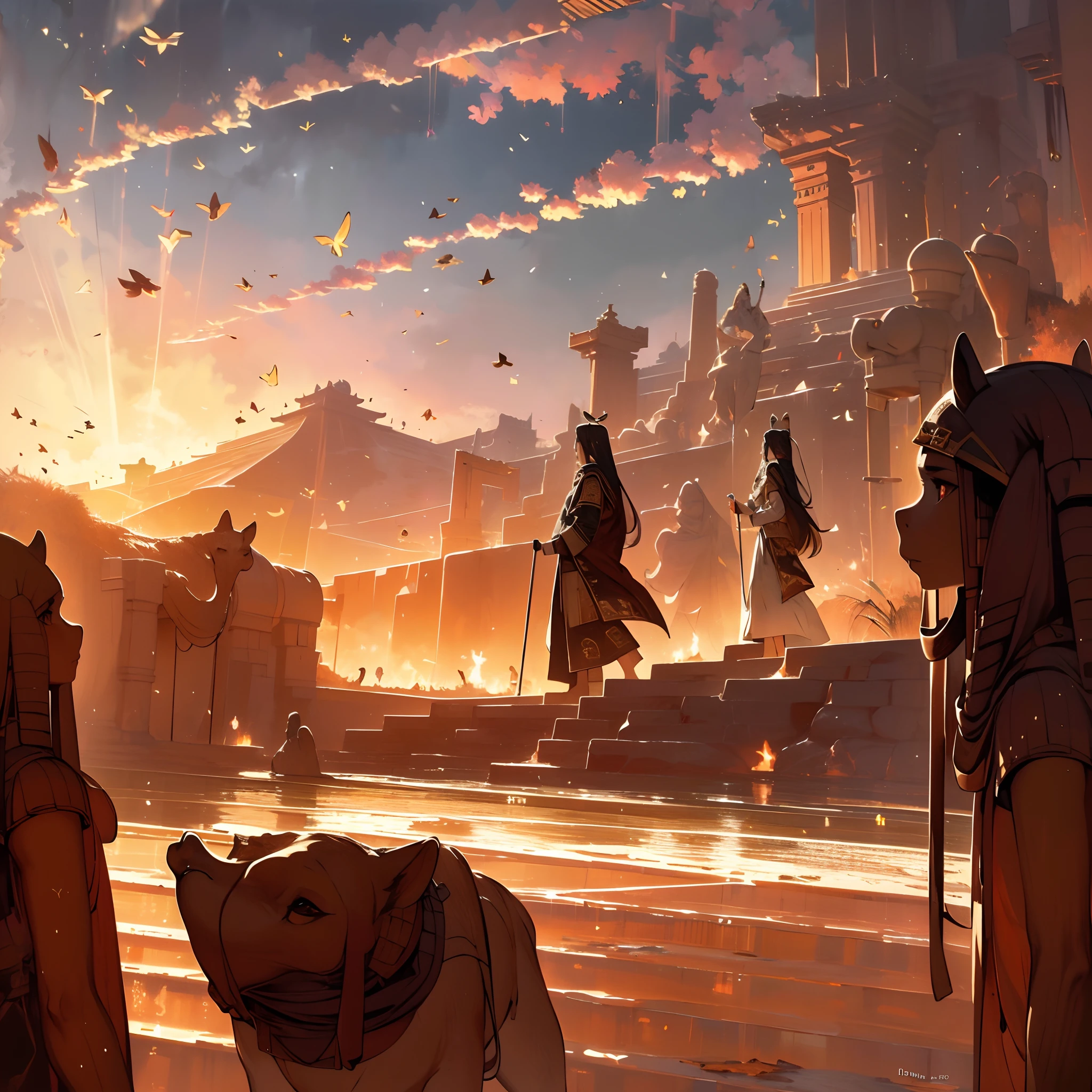 (8k wallpaper:1.2),(Ultra-high resolution:1.2),(masterpiece:1.1),wallpaper,High quality,masterpiece,(High detail),1man, wearing middle East clothing, walking through a desert, surrounded by Sands, ancient egyptian buildings, surrounded by camels and people, scorching hot sun, absolutely stunning art, extremely detailed, HD quality, wallpaper 8k,