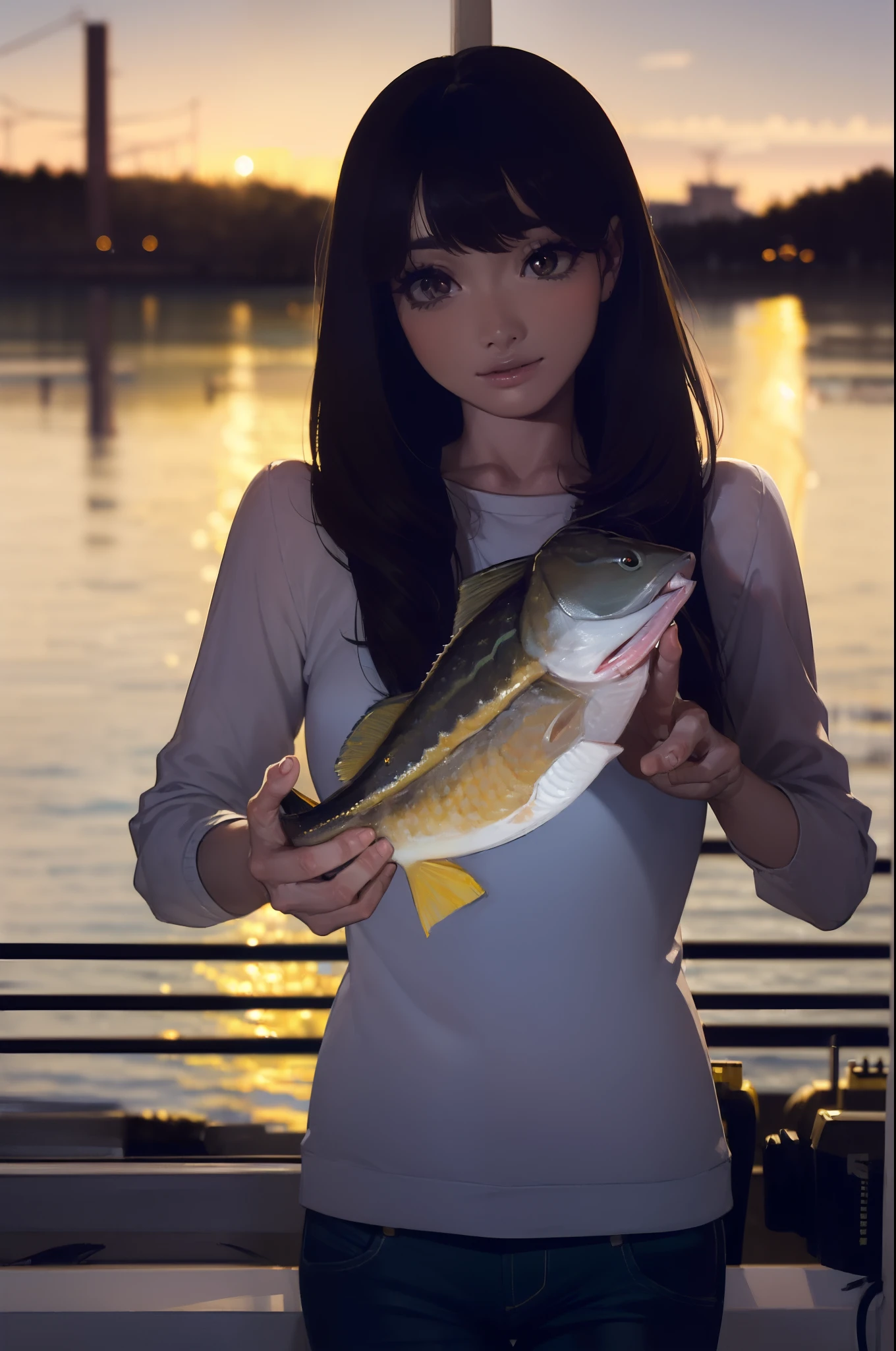 ((((Catch a big black bass by the lake:1.5)))),((Female 28 years old))((Best Quality:1.5)),(((Hands with the correct number and structure of fingers:1.4))),((Big fish:1.37)),hight resolution,ultra-detailliert,masterpiece,best qualtiy,Eight-headed body,Black hair, long eyeslashes, Solid Circle Eyes, drop shadow, Atmospheric perspective,Super Detail, ccurate, small brest,(Jackets and jeans :1.1),top-quality, blurry backround, bokeh dof:1.2, (masterpiece:1.3), Atmospheric perspective,Super Detail,dynamic compositions,top-quality、masterpiece、Very beautiful CG、finely detail、masterpiece