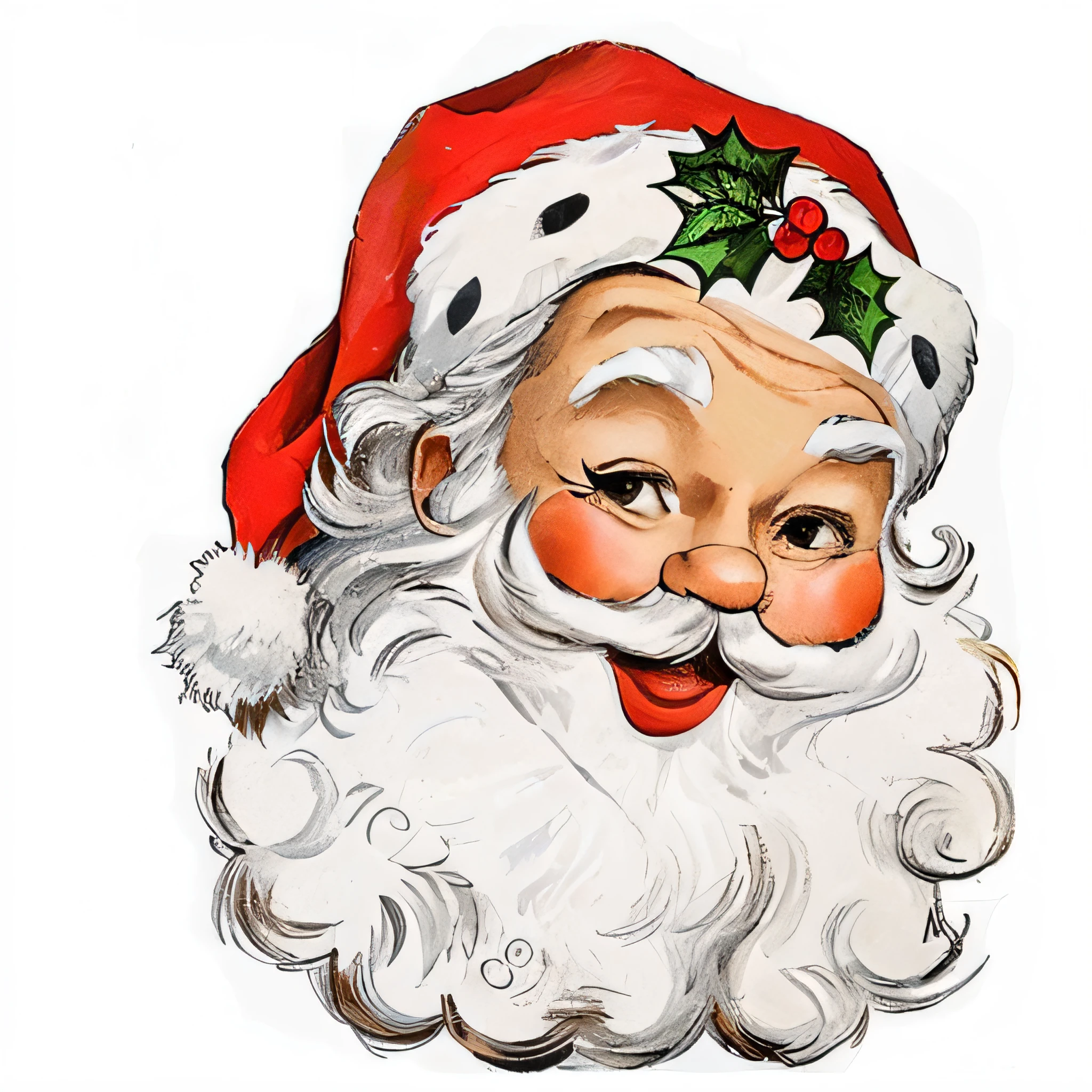 santa,a red hat,white mustache,nase,The eye,ssmile,beak,White eyebrows,fruit,green leaf,hor ears,photorealestic,painting of a,high qulity