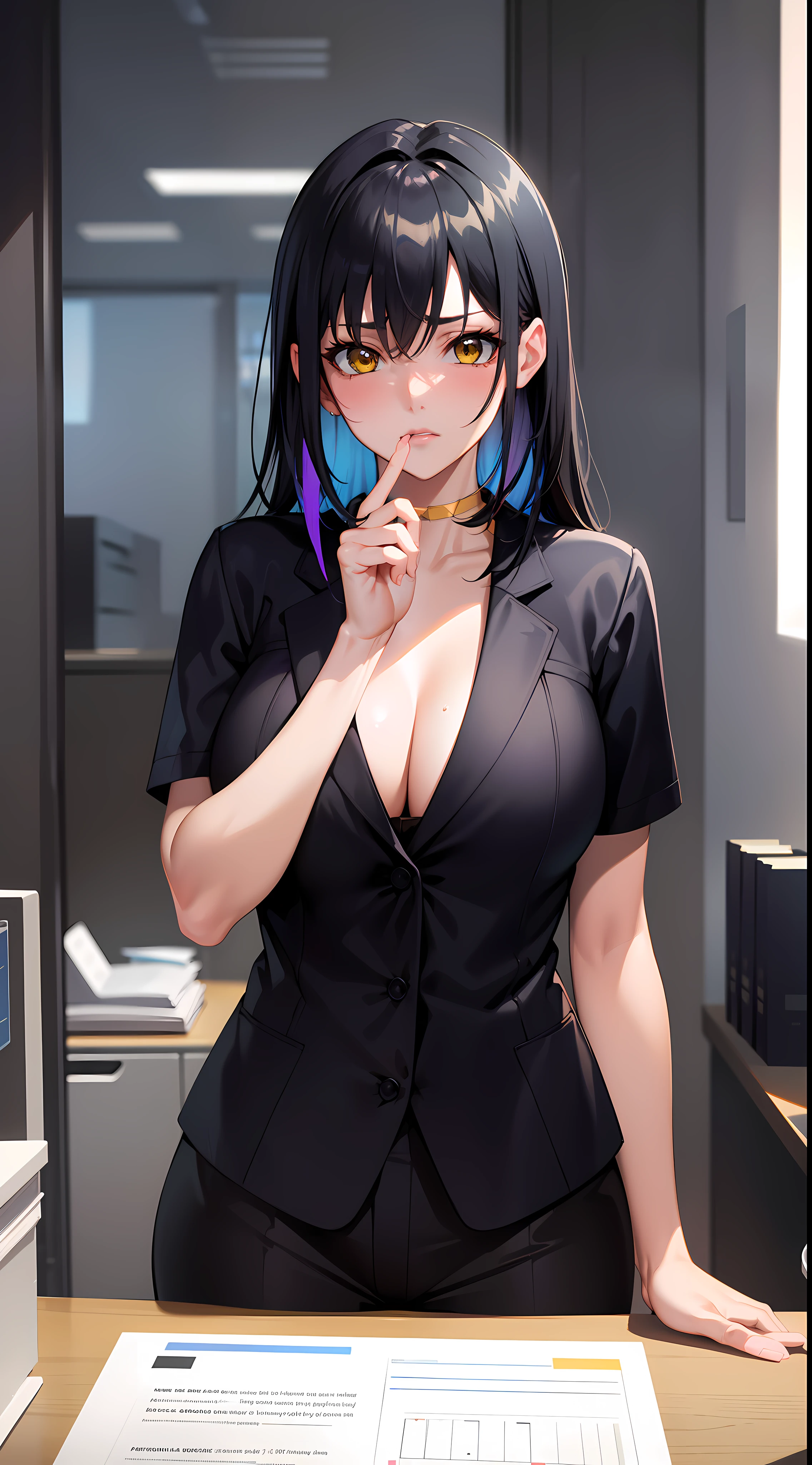professional artwork, Intricate Details, field of view, sharp focus, detailed painting, photorealistic lighting, trending on pixiv,(masterpiece:1.0),(best_quality:1.0), ultra high res, ultra-detailed, photography, 8K, HDR, highres, absurdres:1.2, Kodak portra 400, film grain, sharp focus, bokeh:1.2, lens flare, (vibrant_color:1.2), (((indoors, office details))), Annerose, 1girl, female mature, black hair, long hair, (yellow eyes), large breasts, white office suit, higheels, soft skin, hair intakes, (solo:1.4), (upper body, half body shot, covered breasts), sad, cute sad face