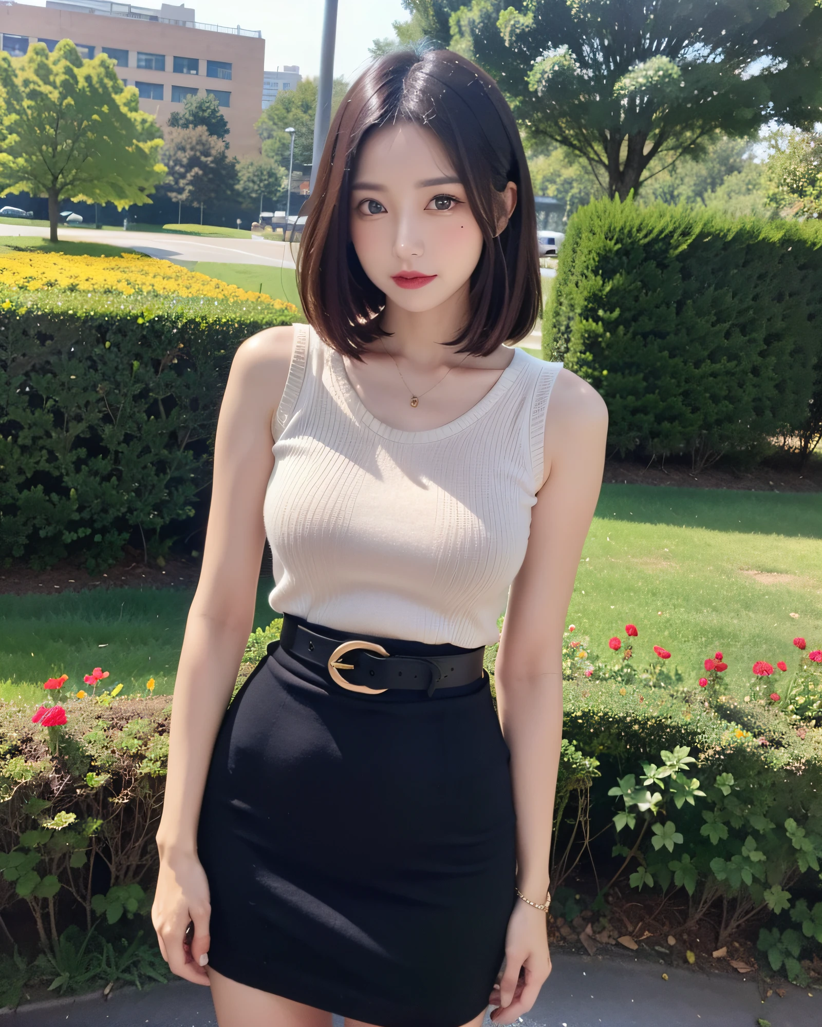 1 woman (full body), (chignon hair:1.3), dark theme, soothing tones, muted colors, high contrast, (natural skin texture, hyperrealism, soft light, sharp), (beautiful location background, flowers, trees), (mahogany hair:1.2), (large breasts), necklace, earrings, mature woman, expressionless, (wearing sleeveless turtle sweater with long skirt, wearing high heels, small belt), best quality, masterpiece, seductive, spotlight, perfect female body, mature_female_face, looking_at_viewer, closed_mouth, bangs, cowboy_shot