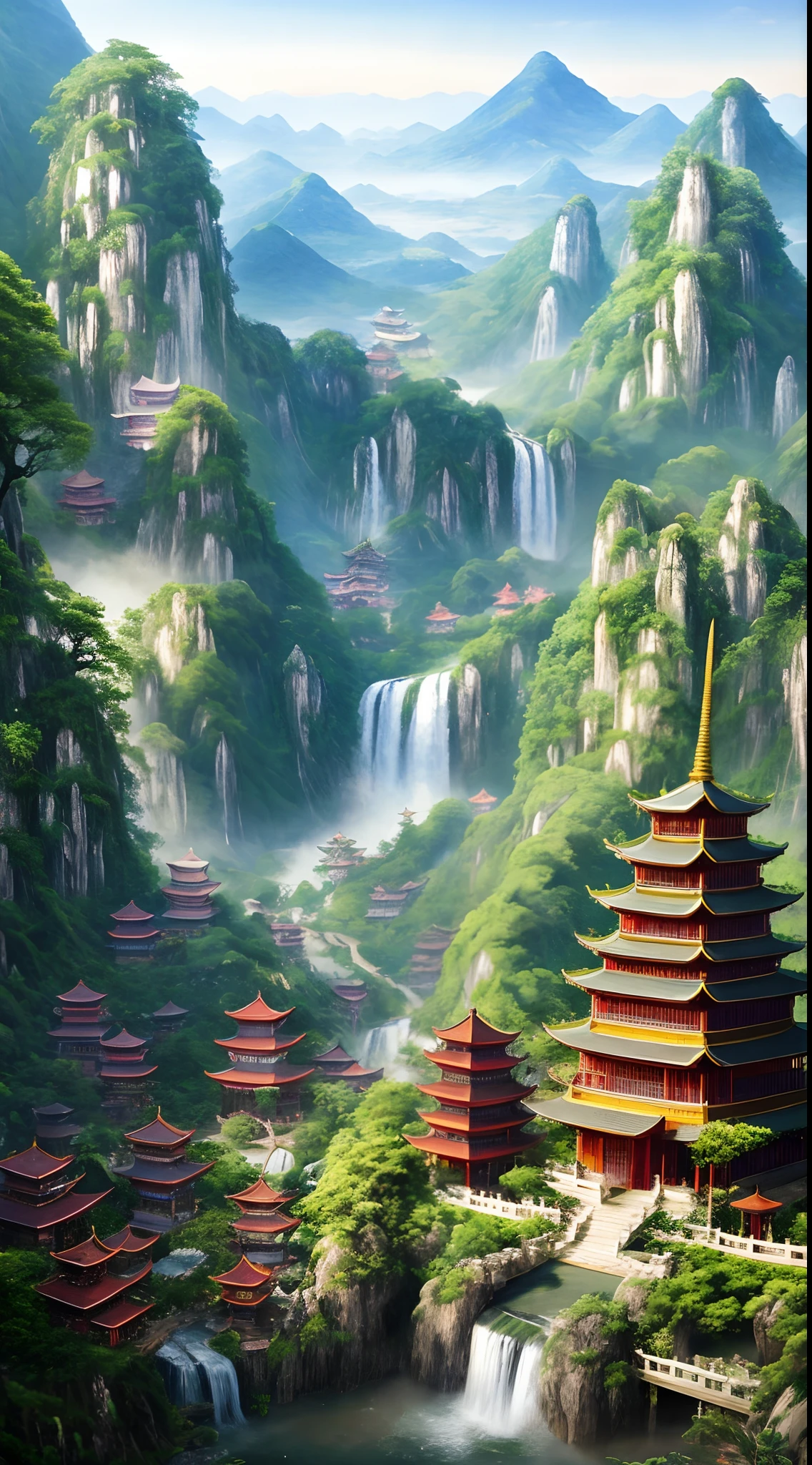2. Mountain view with waterfall and pagoda in the middle, painted scene by Han Gan, winner of cg society competition, fantasy art, dreamy Chinese town, Chinese landscape, Chinese fantasy, made of trees and fantasy valley, ancient city view, order Impressive fantasy landscape, most epic landscape, pagoda on hill, mountainous jungle environment, avatar landscape, chinese village.