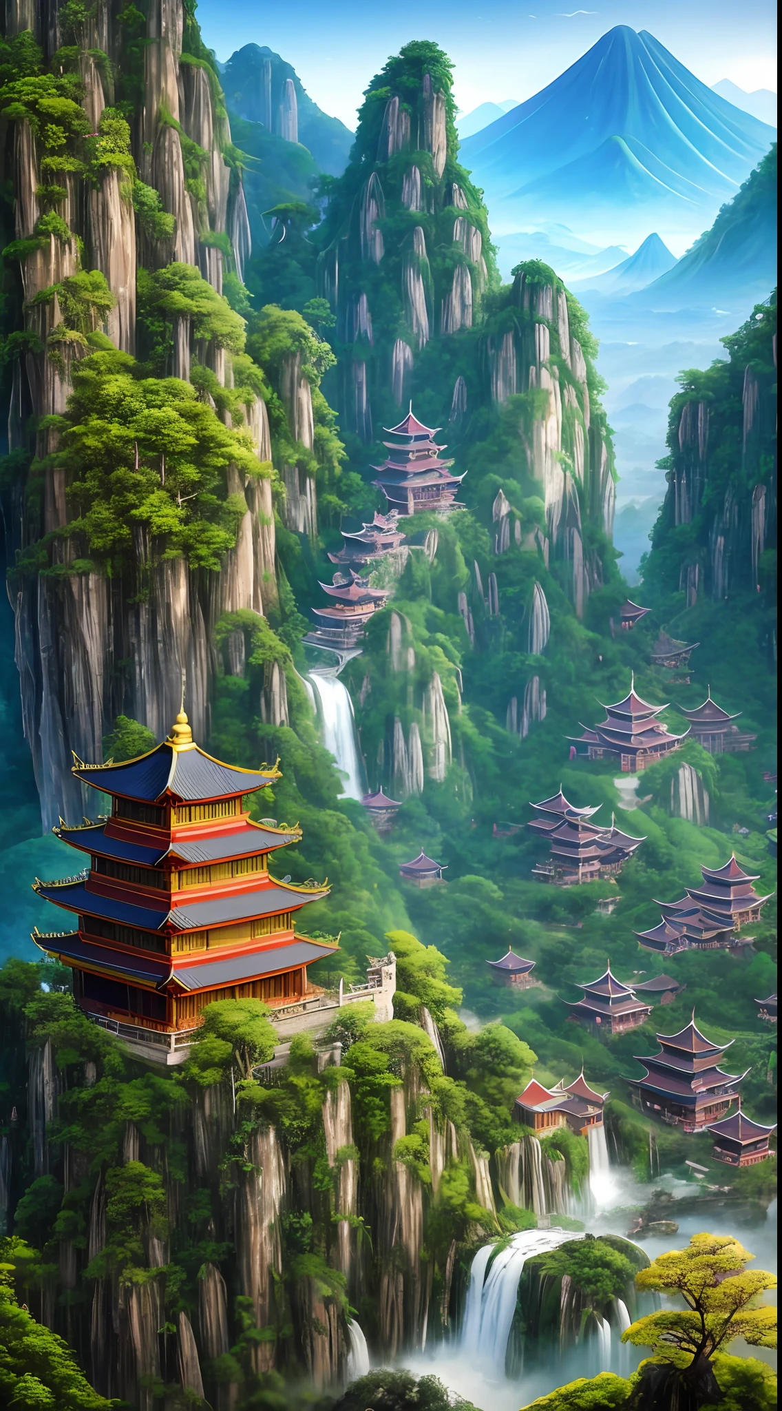 2. Mountain view with waterfall and pagoda in the middle, painted scene by Han Gan, winner of cg society competition, fantasy art, dreamy Chinese town, Chinese landscape, Chinese fantasy, made of trees and fantasy valley, ancient city view, order Impressive fantasy landscape, most epic landscape, pagoda on hill, mountainous jungle environment, avatar landscape, chinese village.