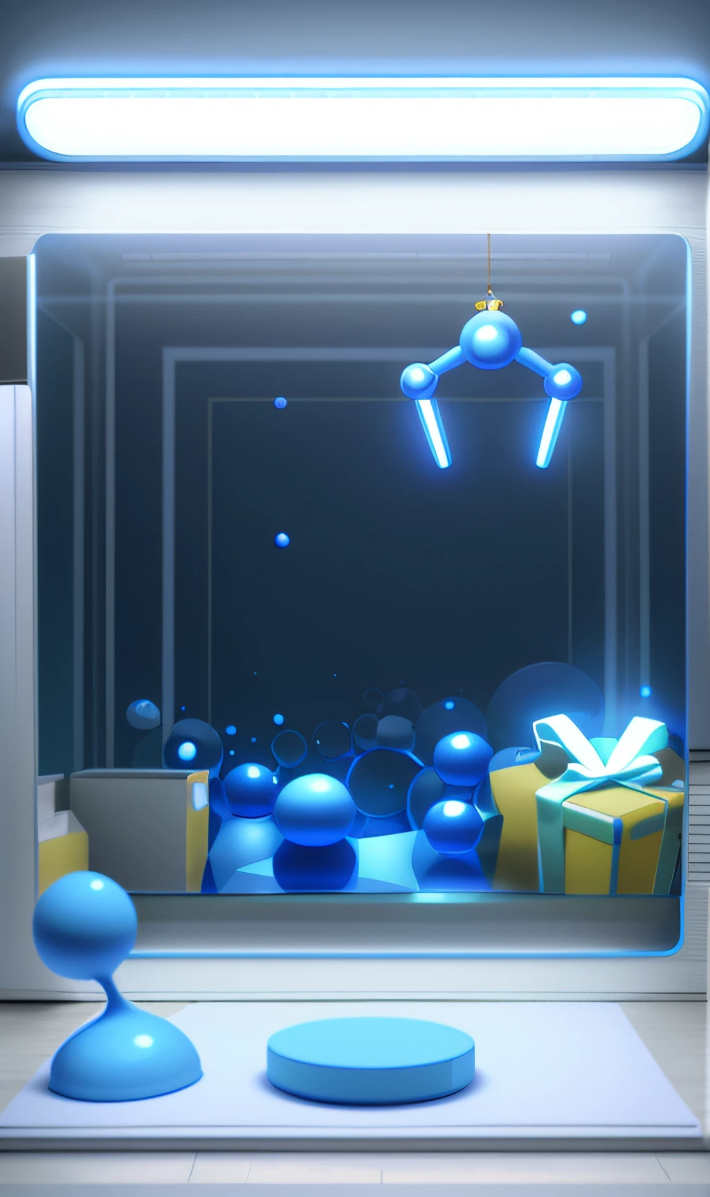 There is a space with a lot of round balls and gifts,cute 3 d render, photograph of 3d ios room, stylized 3d render, C4D, well lit 3 d render, Beautiful kawaii lighting, soft 3d render, rendered in cinema 4 d, Rendered in Cinema4D, cinema 4d bright light render,With Klein blue、futuristic digital art, 3d grainy aesthetic illustration, Stylized digital illustration, high detail digital painting, 3D printed cake factory style,It is decorated in blue and bright yellow,Graphic design inspiration illustration、trending on cgstation, Bubble Mart,blindbox, by Russell Dongjun Lu, biopunk toys made in china, promo art, Rectangular room,White walls,White countertop,With metal joystick,CG art,promotional render, 3 d product render, 3 dmax,
