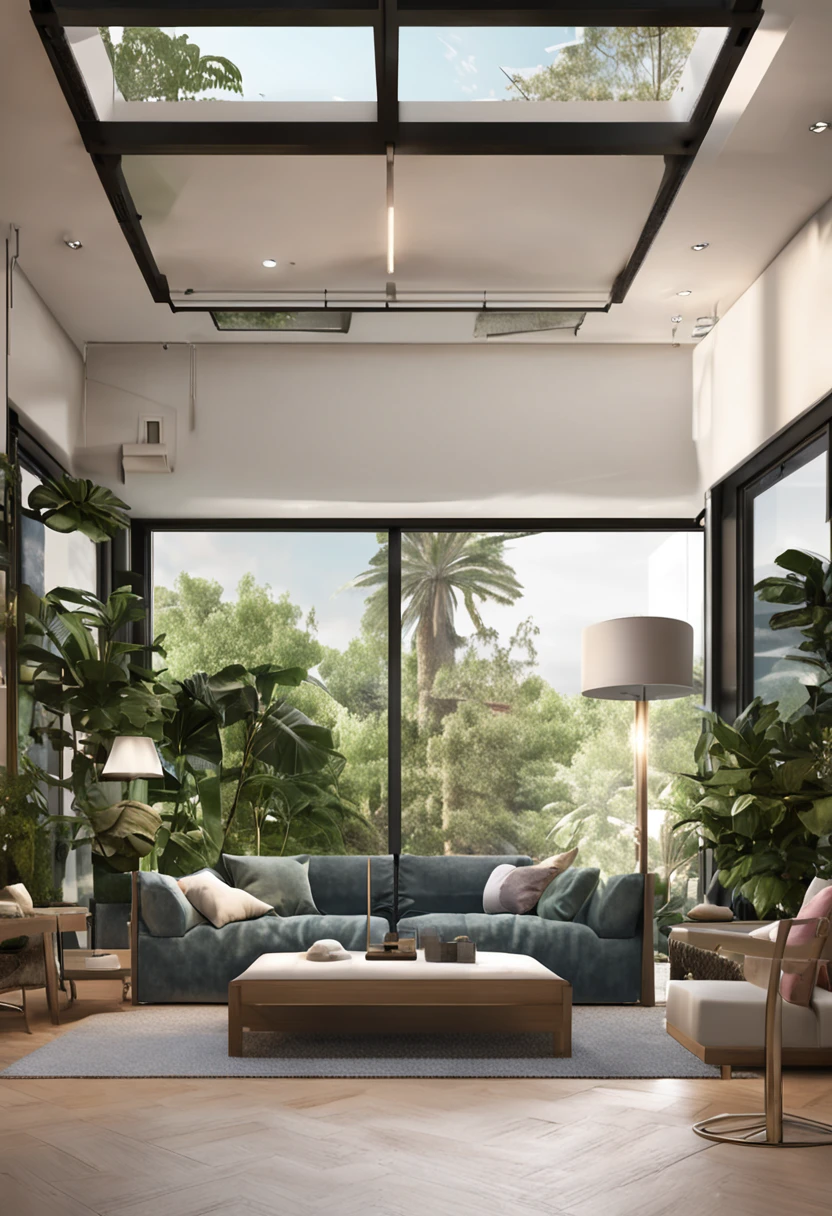You are a renowned interior designer and have been commissioned to create a 3D image of a modern large room. Create a harmonious environment with modern and minimalist furniture. inclua algumas plantas interiores para dar um ar mais fresco.