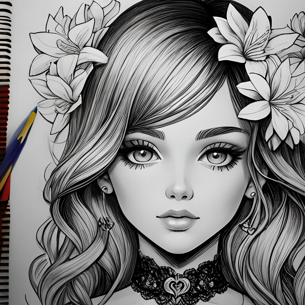 Black and white stick figure 1 girl with river lillies flower in background, in dress with flowers, its fine ink line art, comic style, portrait of ploynesian girl, Marilyn Munroe, Hollywood glam, beautiful line art, black and white comic style, manga style, manga art style, pencil and ink caricature drawing, black and white coloring --auto --s2