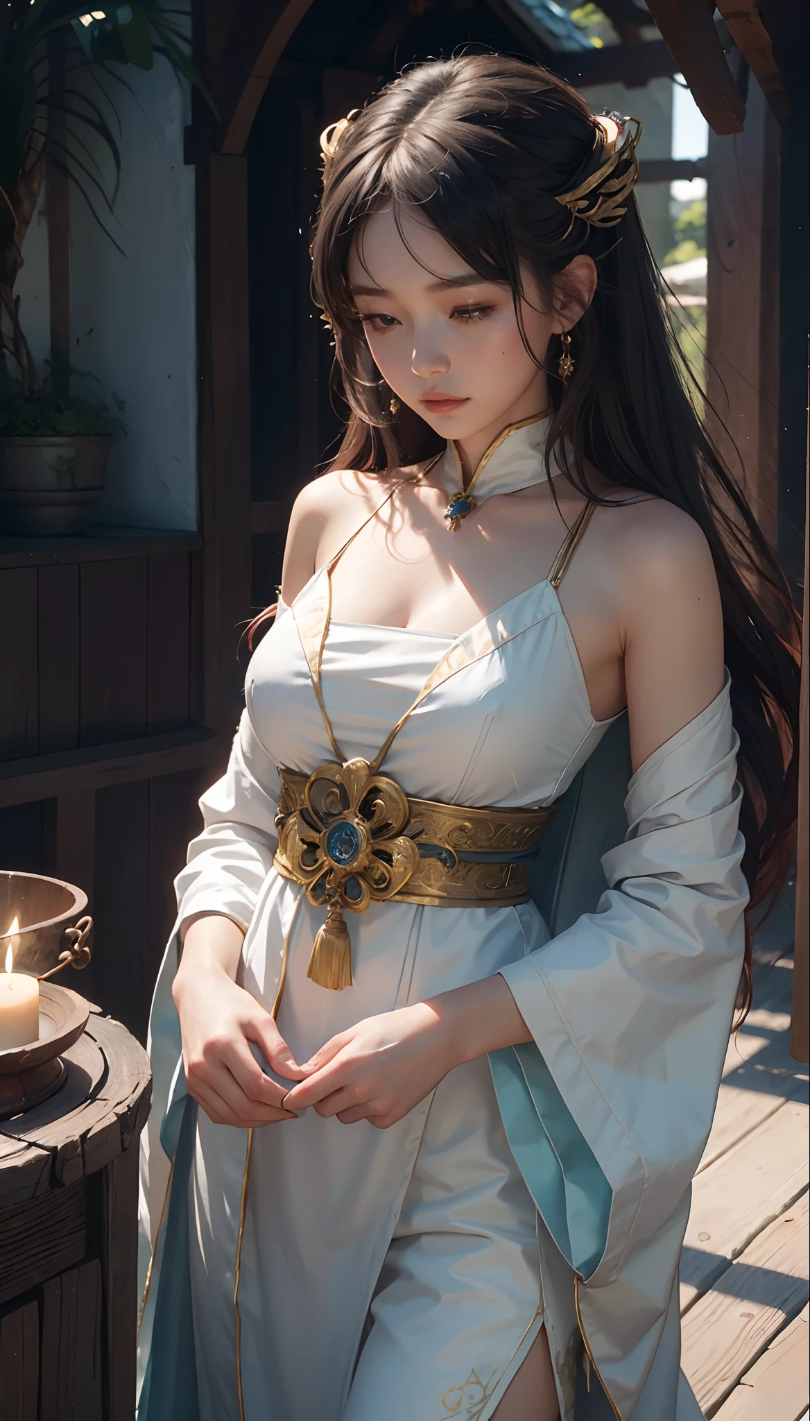(1girl:1.3),solo,__body-parts__,
official art, unity 8k wallpaper, ultra detailed, beautiful and aesthetic, beautiful, masterpiece, best quality,Fantastical Atmosphere, Calming Palette, Tranquil Mood, Soft Shading,
Miko priestess, charm spell, talisman familiar, shrine maiden duties,