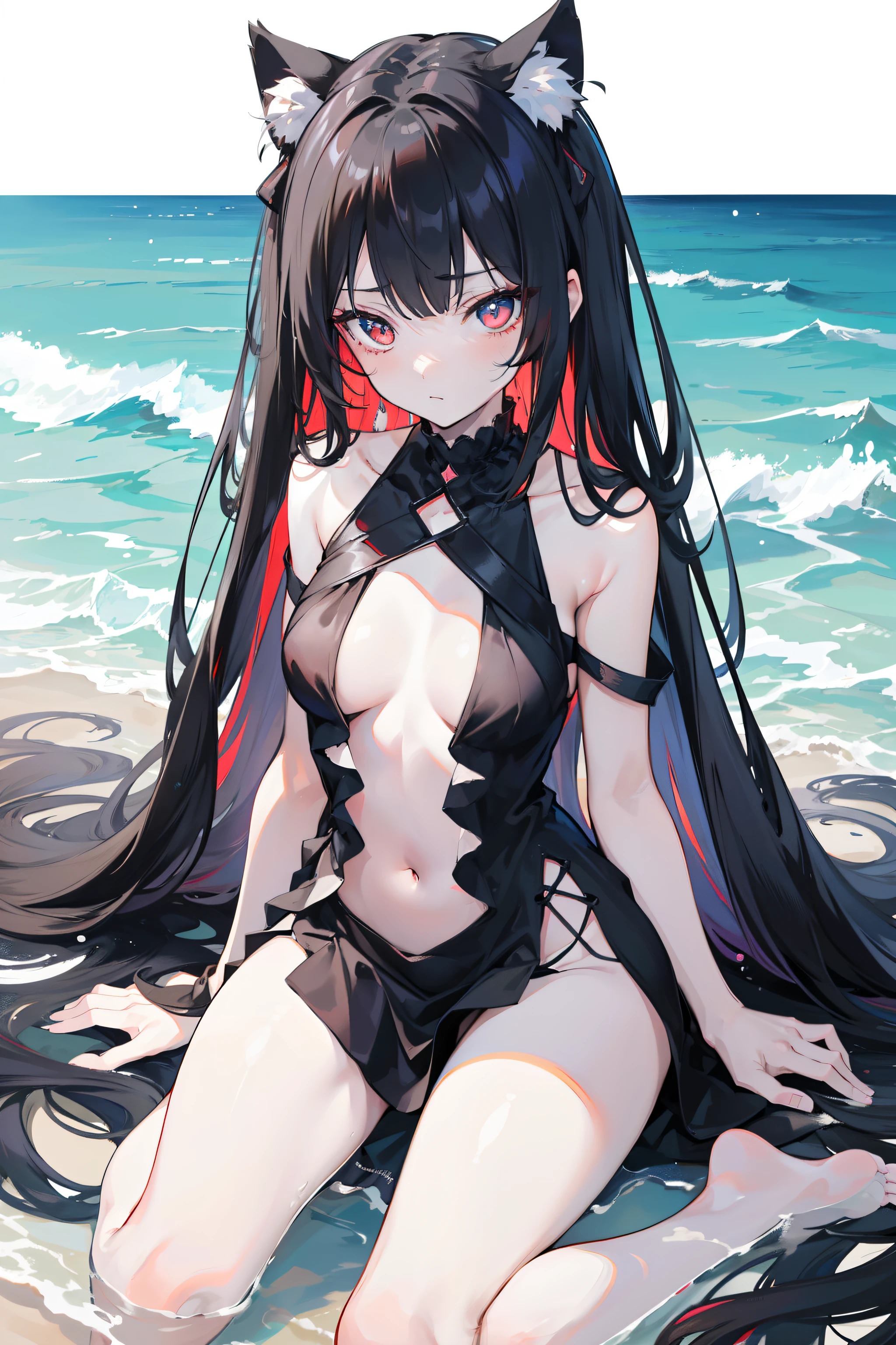 Anime girl wearing black dress,tmasterpiece,Fine beautiful eyes,,exposed bare shoulders,Be red in the face,Shy eyes,Extra-long, Flowing hair,,Ultracolor,and wear no underwear,exposing her chest,with no underpants,beachside,Water droplets on the crotch,Hair ruffling,upper legs,the feet