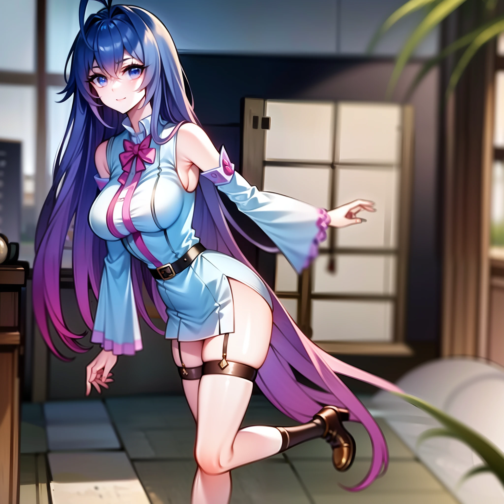 (masterpiece:1.2), mistress, best quality, ultra high res, shiny skin, sexy, fashi-g, ultra high res, best shadow, best quality, ((1girl, solo)), hair ornament, branch, long hair, huge breasts, smile, looking at viewer, very long hair, blue eyes, blue-pink hair, bangs, hair between eyes, high boots, full body, from behind, sexy secretary wearing extremely short skirt and seamed stocking