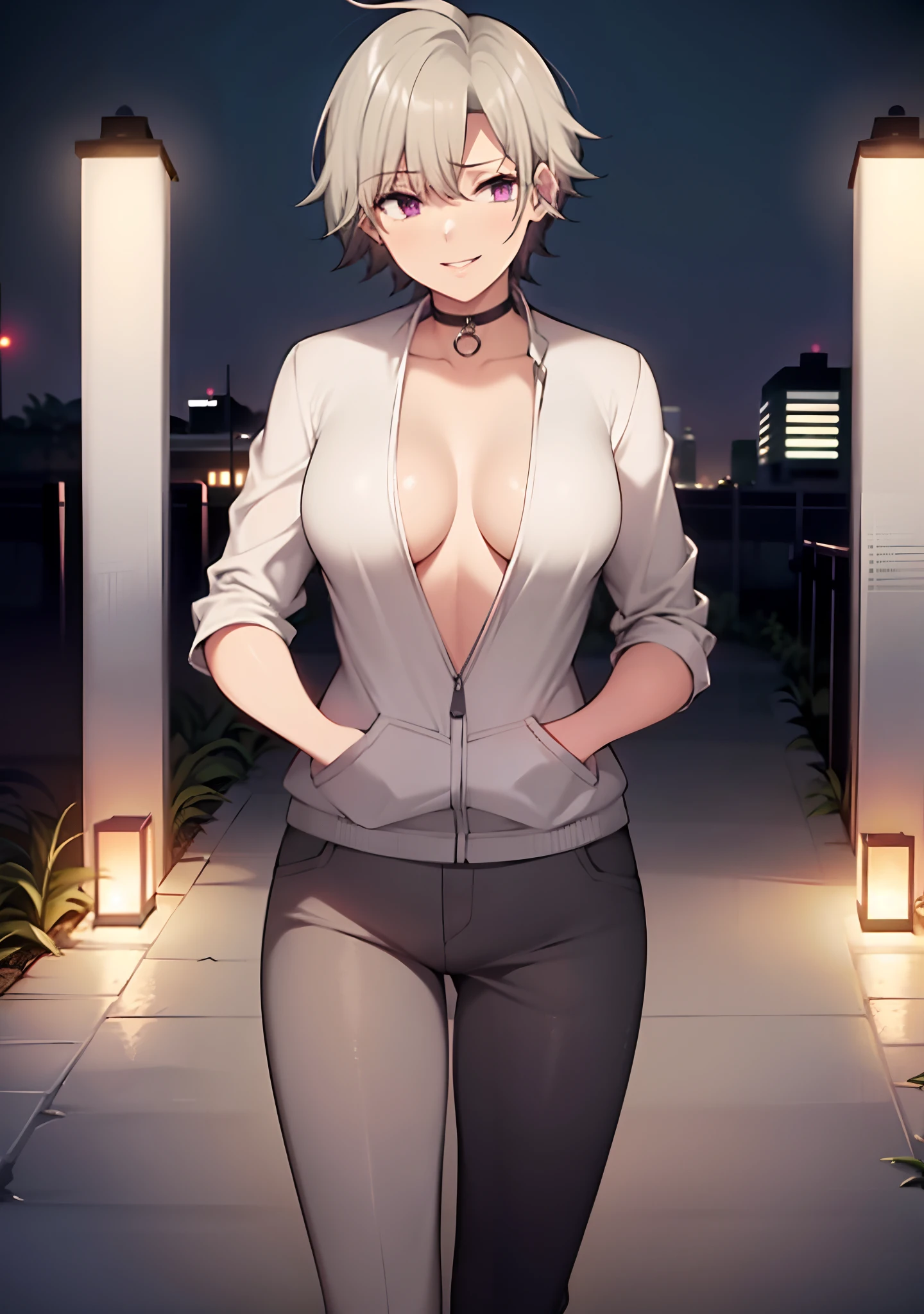 (masterpiece, best quality:1.2), cowboy shot, solo, 1girl, white hair, short wavy hair, purple eyes, average breasts, slender body, light smile, looking at viewer, hands in pockets, lady office suit, (braless), cleavage, black pants, choker, cityscape scenery, street, night light, night time,