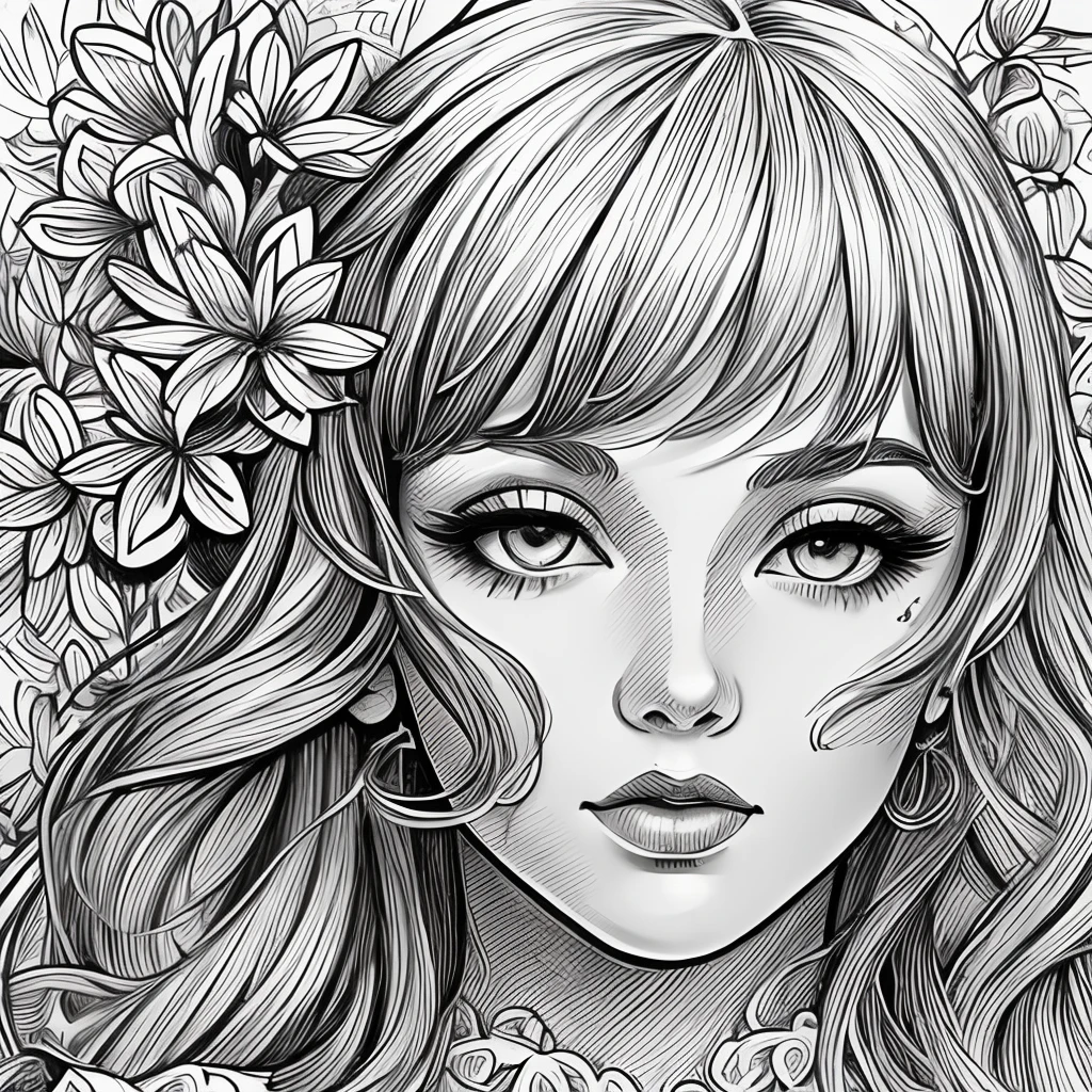 Black and white stick figure 1 girl with river lillies flower in background, loli in dress with flowers, its fine ink line art, comic style, portrait of ploynesian girl, Marilyn Munroe, Hollywood glam, beautiful line art, black and white comic style, manga style, manga art style, pencil and ink caricature drawing, black and white coloring --auto --s2