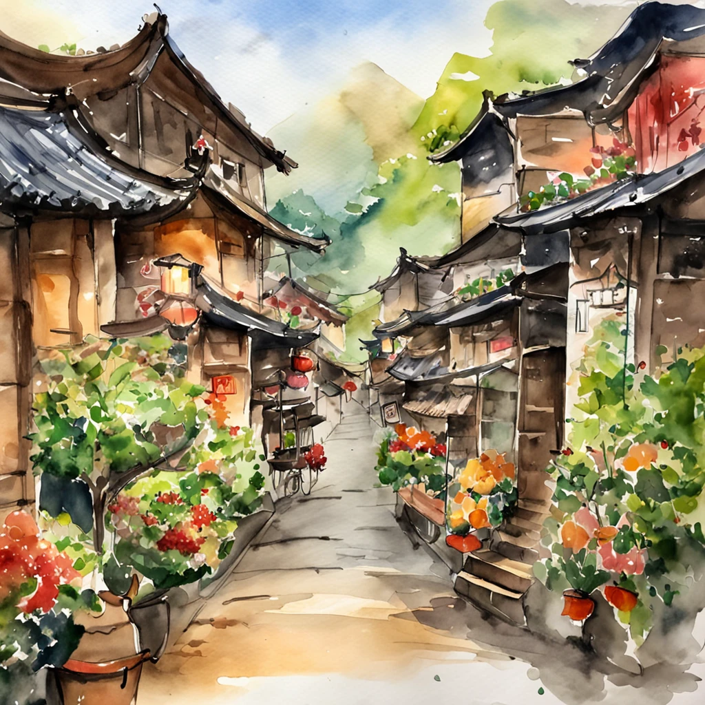 Arafed view of a village,a lot of lights on the buildings,Fantastic Taiwanese town,Chinese village,Amazing wallpapers,A small town in ink and watercolor flower style,old asian village,A street shopping street in Taiwan,There are street stall cars, Well-lit building, early evening, Beautiful and aesthetic, photography of, cinematic ligh, 8K, high detal