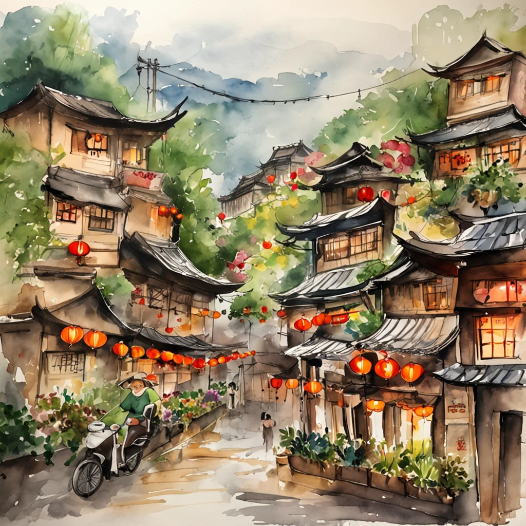 Arafed view of a village，a lot of lights on the buildings，Fantastic Taiwanese town，Chinese village，Amazing wallpapers，A small town in ink and watercolor flower style，old asian village，A street shopping street in Taiwan，There are street stall cars,  Well-lit building, early evening, Beautiful and aesthetic, photography of, cinematic ligh, 8K, high detal
