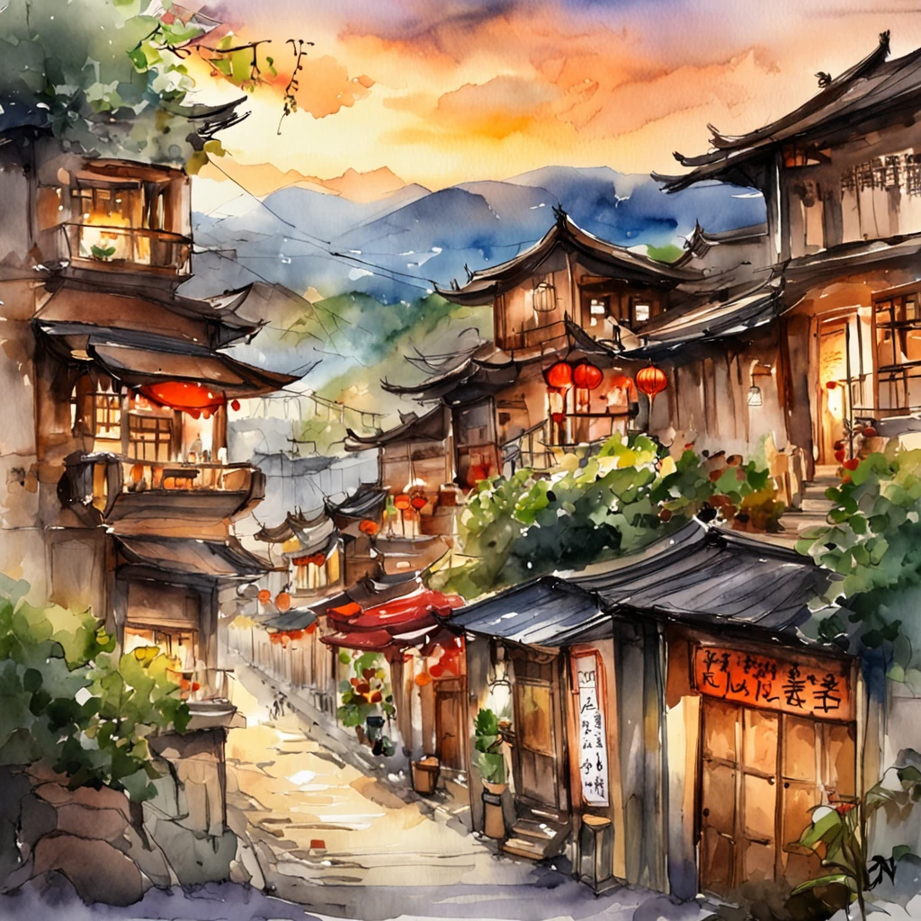 Arafed view of a village，a lot of lights on the buildings，Fantastic Taiwanese town，Chinese village，Amazing wallpapers，A small town in ink and watercolor flower style，old asian village，A street shopping street in Taiwan，There are street stall cars,  Well-lit building, early evening, Beautiful and aesthetic, photography of, cinematic ligh, 8K, high detal