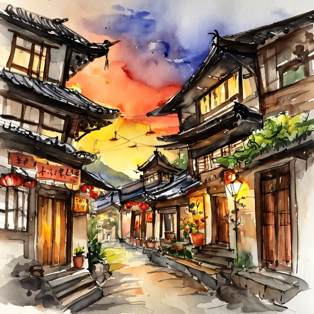 Arafed view of a village,a lot of lights on the buildings,Fantastic Taiwanese town,Chinese village,Amazing wallpapers,A small town in ink and watercolor flower style,old asian village,A street shopping street in Taiwan,There are street stall cars, Well-lit building, early evening, Beautiful and aesthetic, photography of, cinematic ligh, 8K, high detal