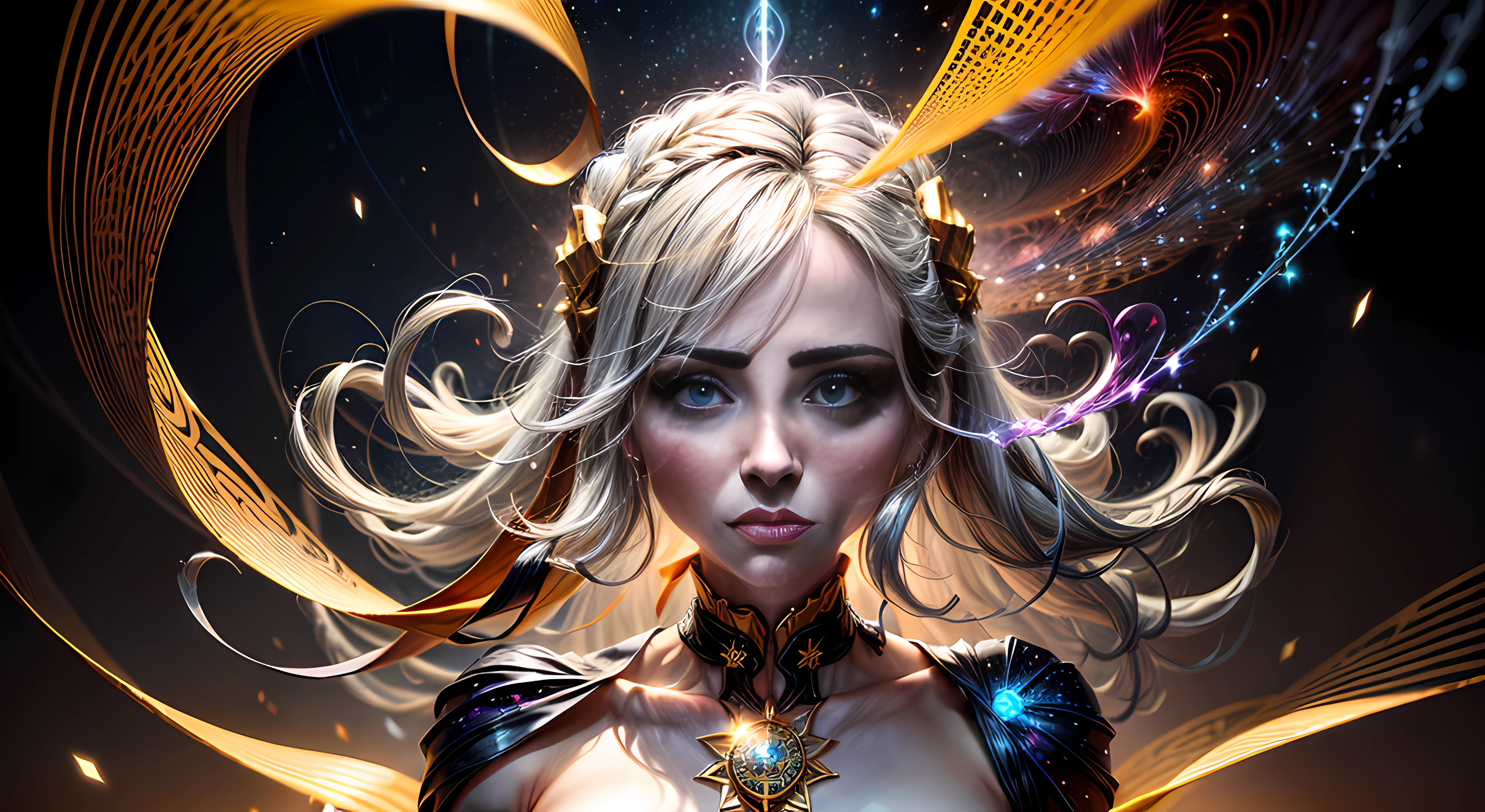 an abstract face built of tangled and twisted, ivory braided ribbons, silver energy waves spiral around a golden soul vesseldecorated with saphire fragments, glowing plasma particles in nebula before a crystalmandala, gold, silver and ivory colors
