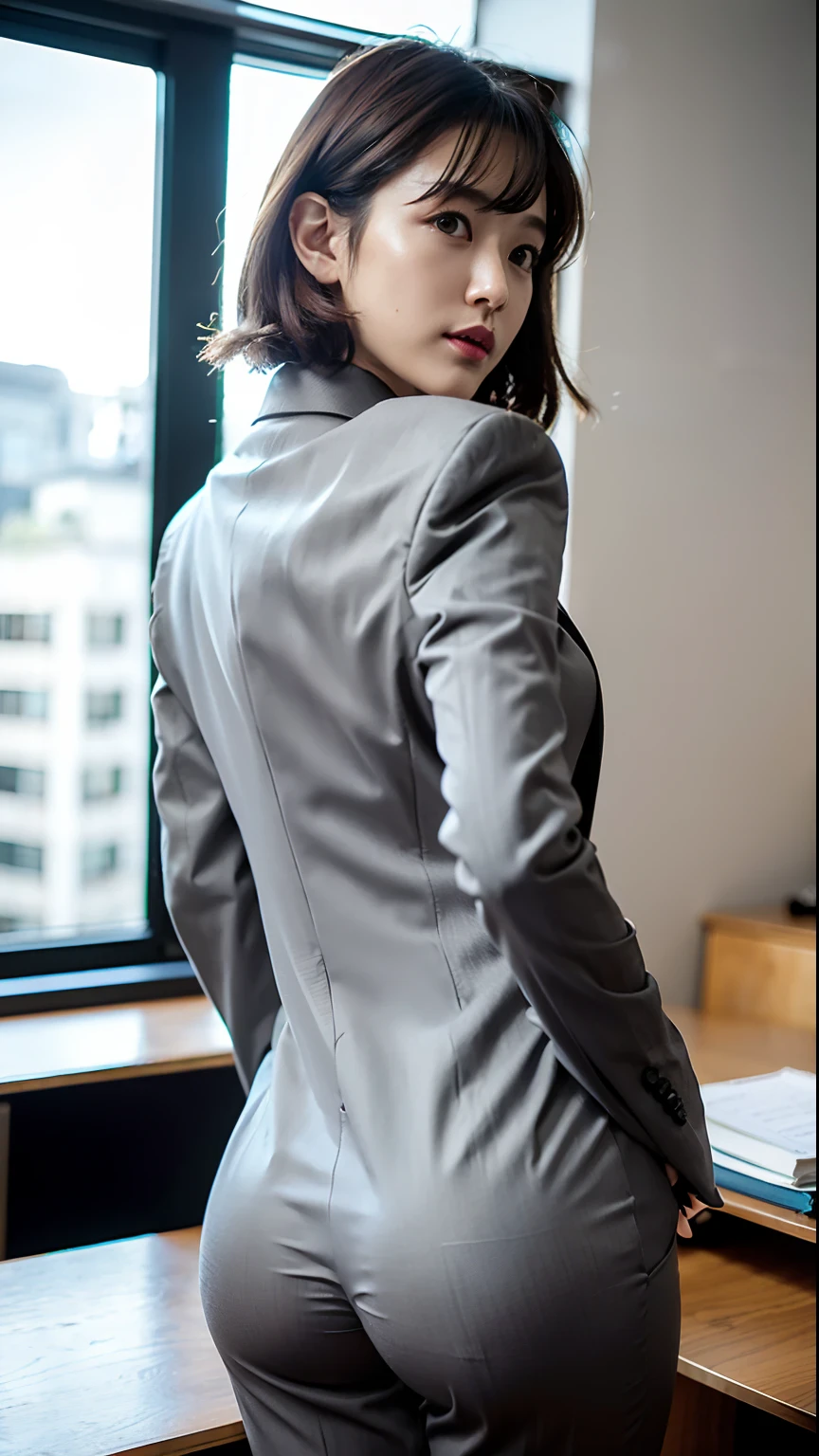 (Best quality, 8k, 32k, Masterpiece, UHD:1.2), 1girl, beautiy Japanese woman, narrow waist, grey suit, open jacket, office lady, suit, pants, from behind, office room, desk, (stick out one's buttocks:1.2), detailed face, short hair,