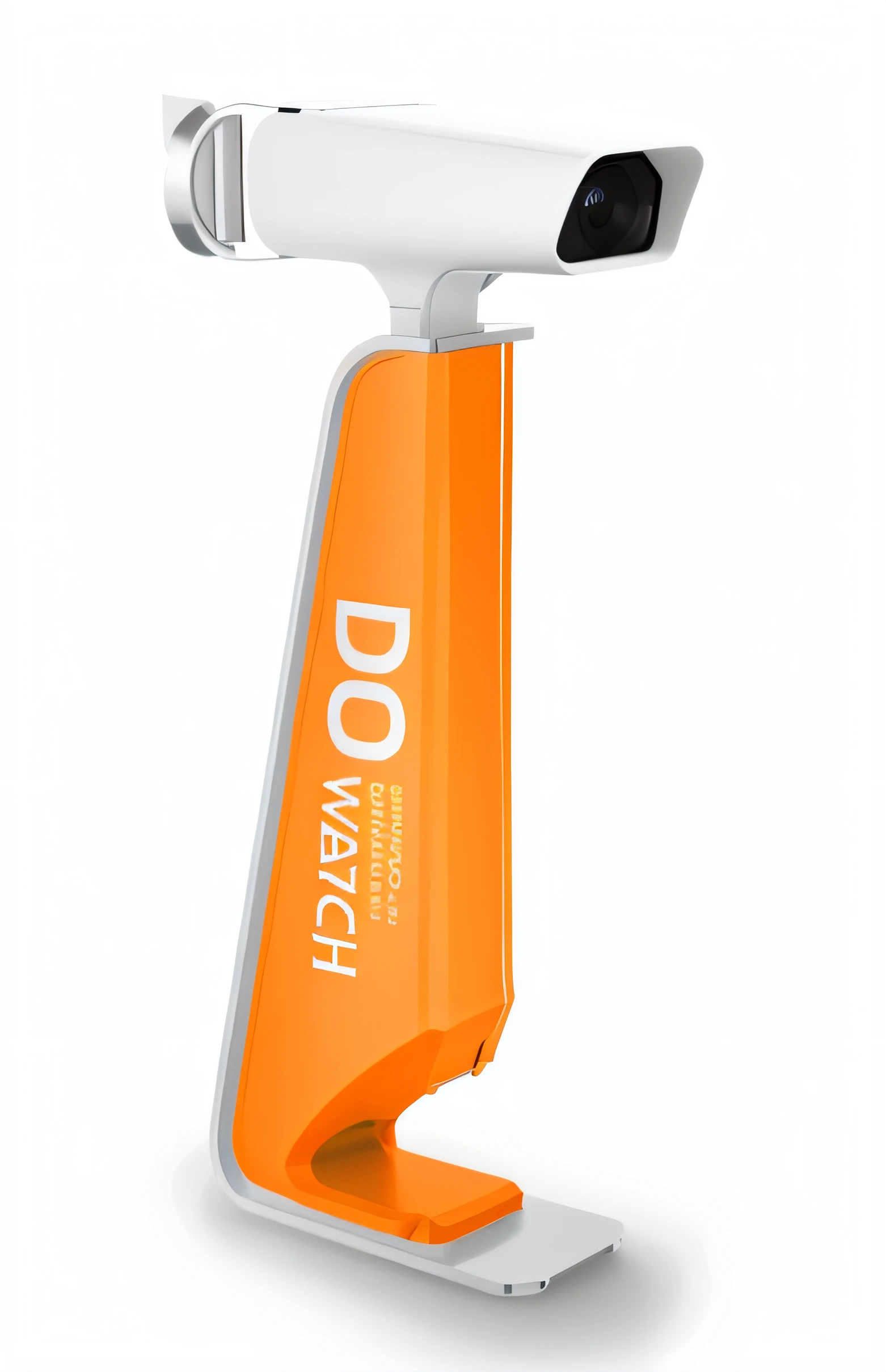 A close-up of the camera mounted on a stand with the Do Watch logo, dofresh, do, product design shot, side - view, the sideview, giving, top angle view, dokev, dipstick tail, concept-art | dyson, tsukasa dokite, holds a smart phone in one hand, product design render, Side view, Do what we can