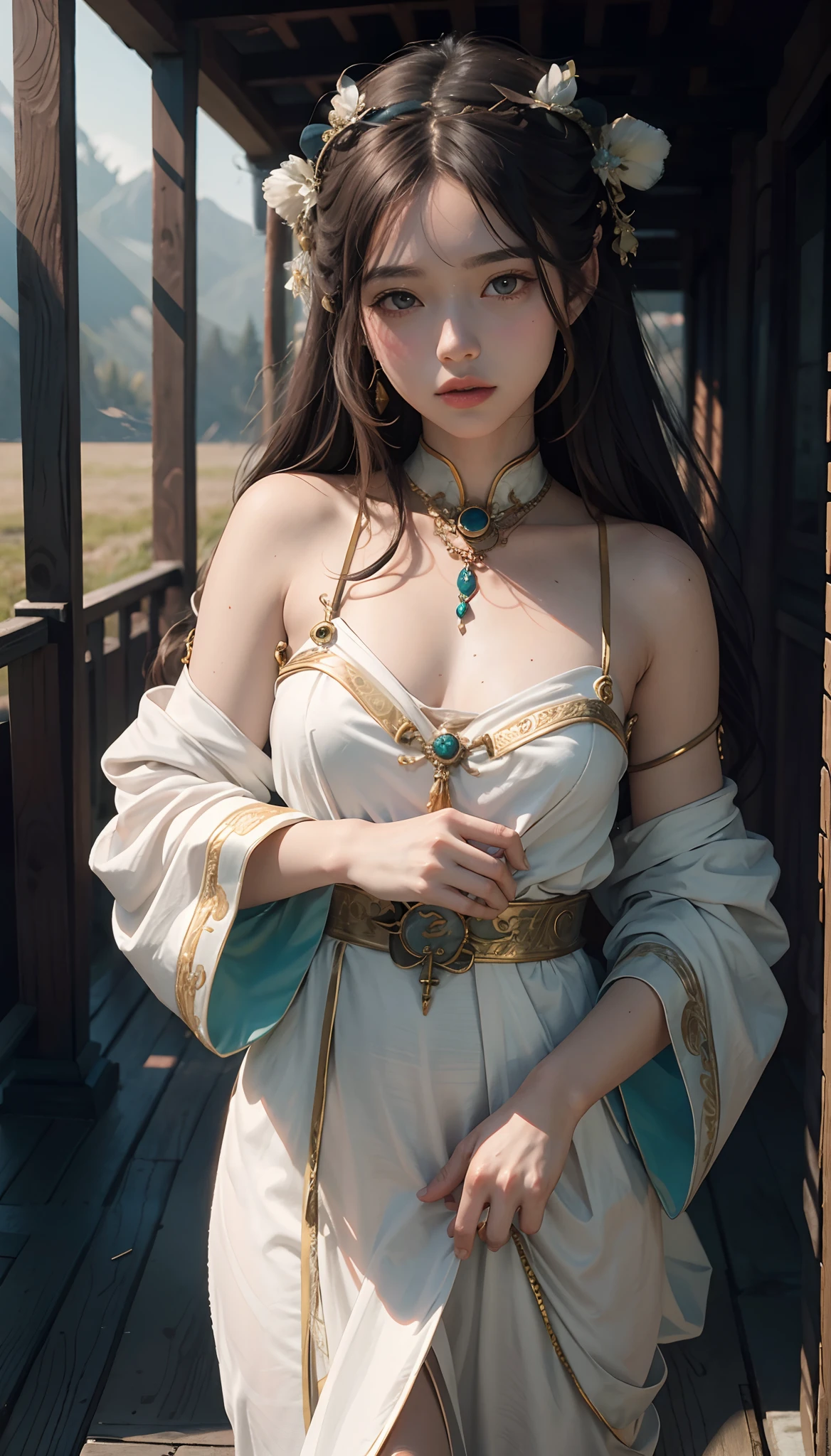 A young girl, priestress of the moon. In a barbarian setting. Very pale skin with freckles and liverspots. Curved lips. Upturned eyes. Long wide nose. Very short boyish dark-brown hair. Darkbrown eyes. Round and soft face and chin. Long neck. Small chest. In a antique ancient temple of the moon. In the nighttime.