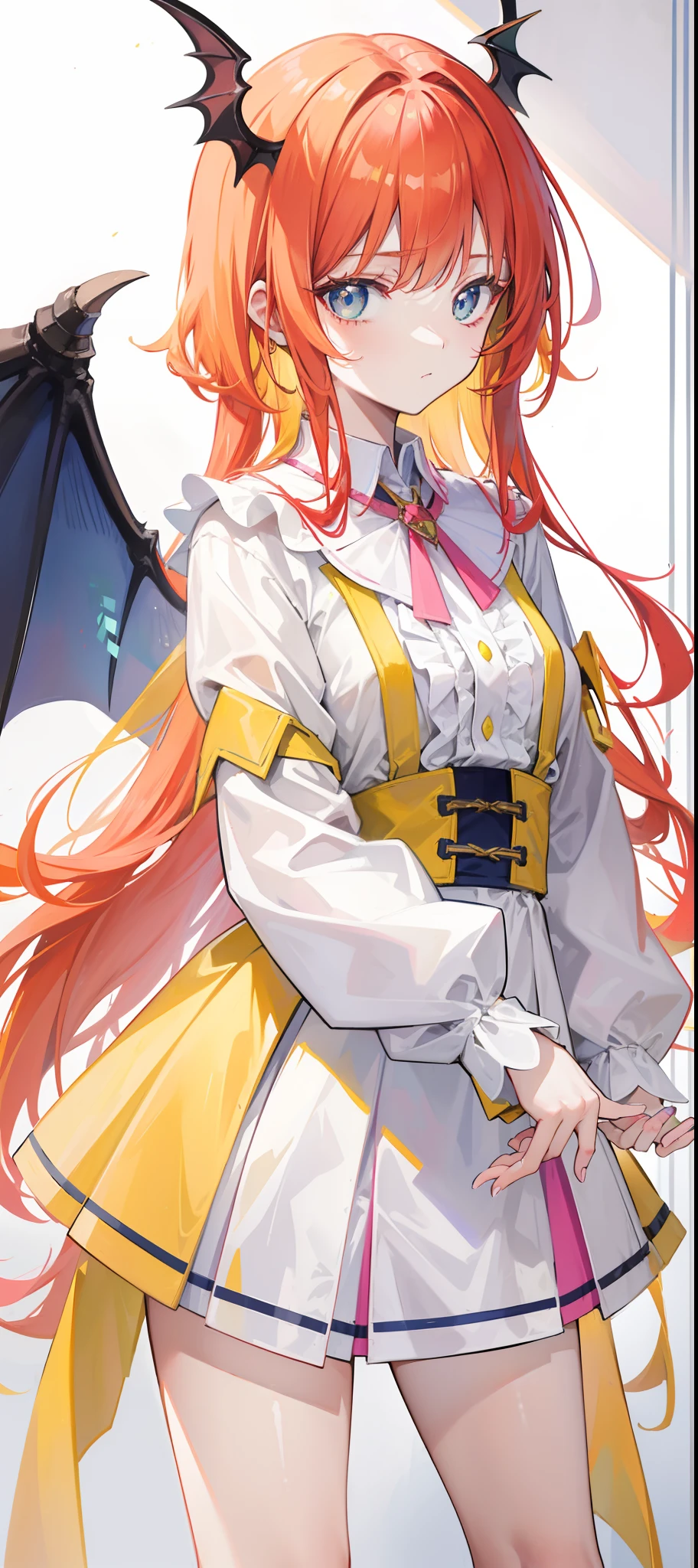 Yellow-red hair，Blue-brown pupils，Yellow-green wings，Clothes that match white with pink，is a beautiful girl with a double cultivation of immortals and demons