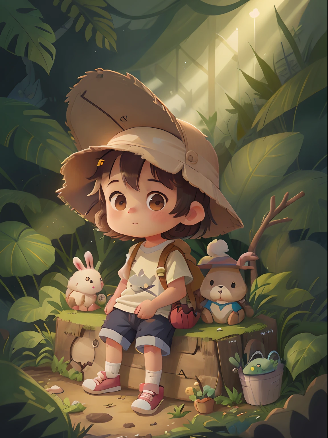 Painting by Jean-Baptiste Monge depicting a small traveler ant dressed in a T-shirt, shorts with rescue equipment on a summer day, Jean-Baptiste Monge, anthropomorphic --ar 2:3 --testp -optimistic;