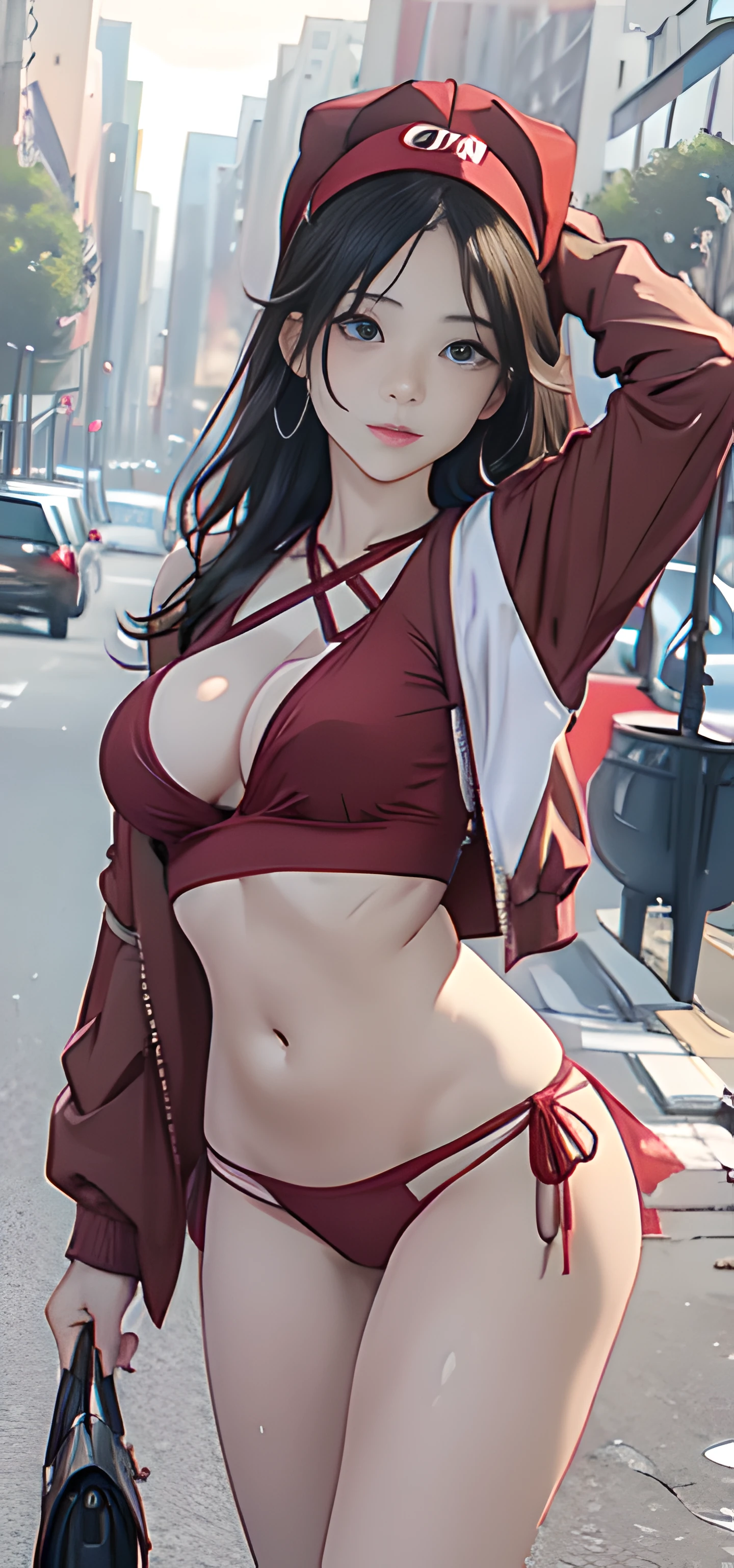a close up of a woman in a bra top posing for a picture, Portrait of Scarlett Johansson, 1womanl, (Background with:In summer), standing on your feet, Seen from the front, (((tmasterpiece), In-depth background, (Very fine and beautiful))), hight resolution), Bulge, Bocchi, Court dress, "((Female , secret agent, Awesome Canon EOS 50mm))", surreal photos, Pink Long Hair, ear jewelry, slim, Background bokeh, Both shoulders Full face cheeks, Naughty, criss-cross halter, Strip strip, frilld, pleatedskirt, pillow head, Armpits:2, 1female,35yo,熟妇,gigantic cleavage breasts, long leges,Pornographic exposure, 独奏, (Background with:ln the forest,the rainforest), She has long black hair,standing on your feet,Sweat profusely, seen from the front, hair straight, mostly cloudy sky,(((tmasterpiece),(Very detailed CG unity 8K wallpaper),best qualtiy,cinmatic lighting,detailed back ground,beatiful detailed eyes,Bright pupils,(Very fine and beautiful),(Beautiful and detailed eye description),ultra - detailed,tmasterpiece,)),facing at camera,Full body photo,A high resolution,ultra - detailed),revealing breasts,Bare genitalia, Lower body elevation,Raised sexy,Camel toes,Flushed complexion,Open-mouthed,frontage,baseball cap(Wearing:Red baseball jacket,Cowboy bikini)nakeness,