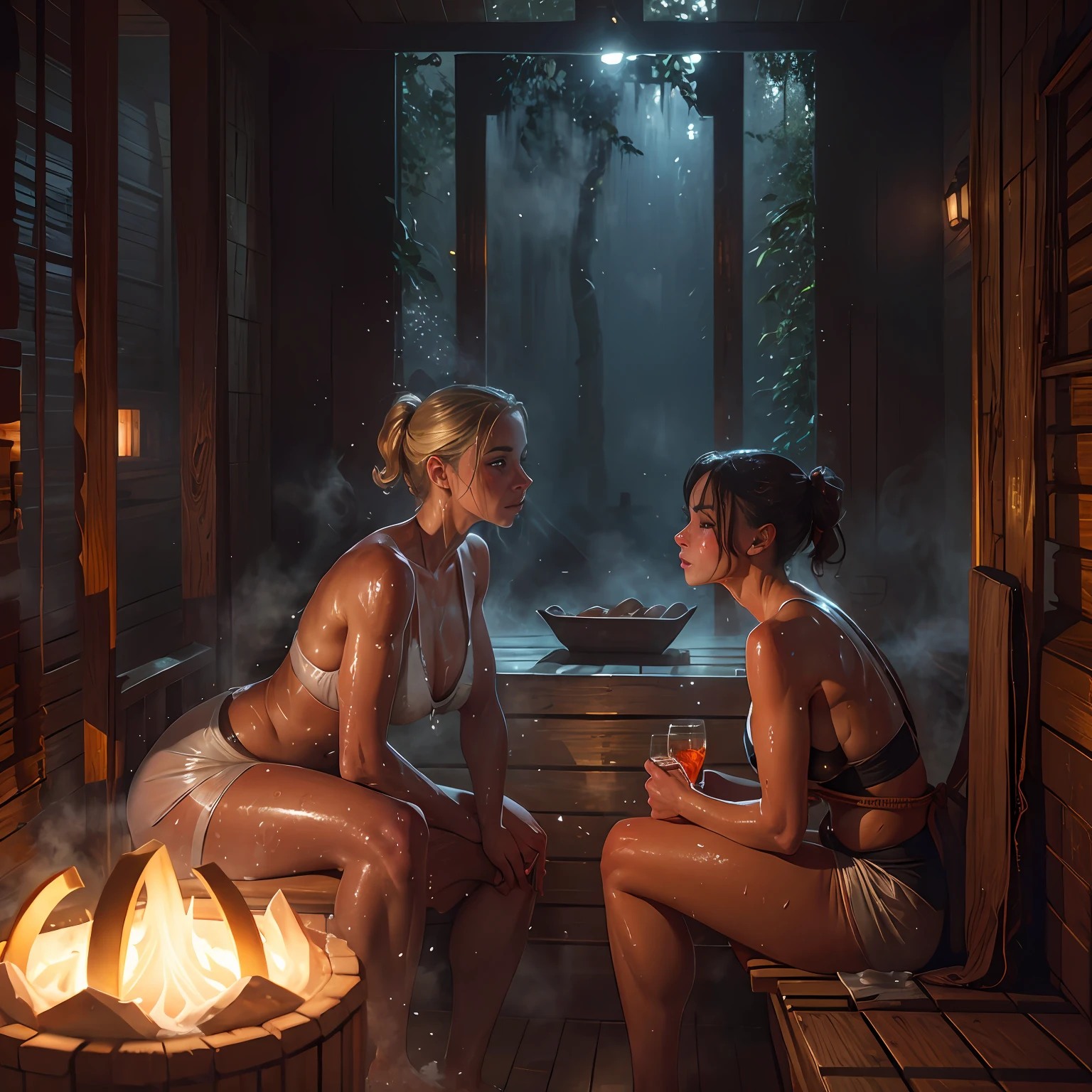 masterpiece , high details, Two women in a steamy sauna, their faces glowing with sweat and relaxation.