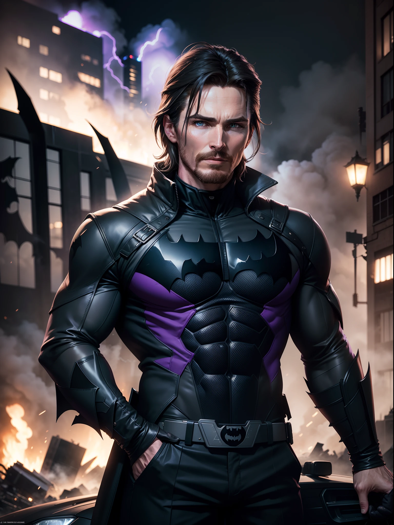 Christian Bale dressed in jacket and pants reminiscent of the batman costume with iconic batman logo posing on the camera, driving a batmobile, explosions, destroyed buildings collapsed, rising smoke, purple flames, reflected purple and blue lights, realistic, photography, Canon Eos R6