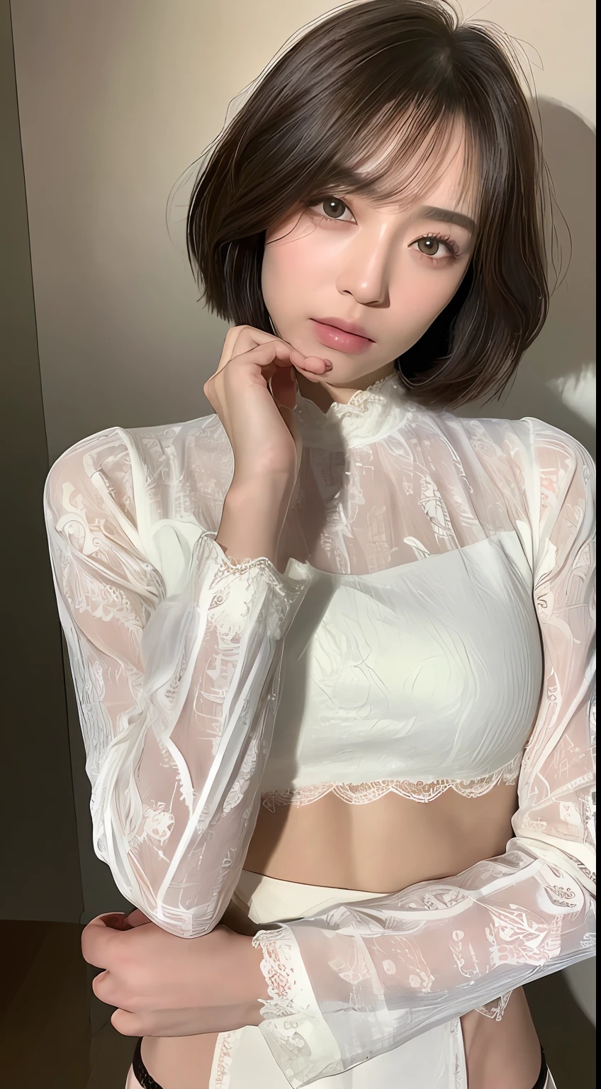 ((top-quality、8K、​masterpiece:1.3))、SLR camera、realskin、1人、Ultimate Beauty、Beautiful woman with slender abs:1.3、(Medium short hair、爆乳:1.2)、Long Sleeve Lace Shirt:1.1、hyperdetailed face、A detailed eye、Double eyelid hands on face