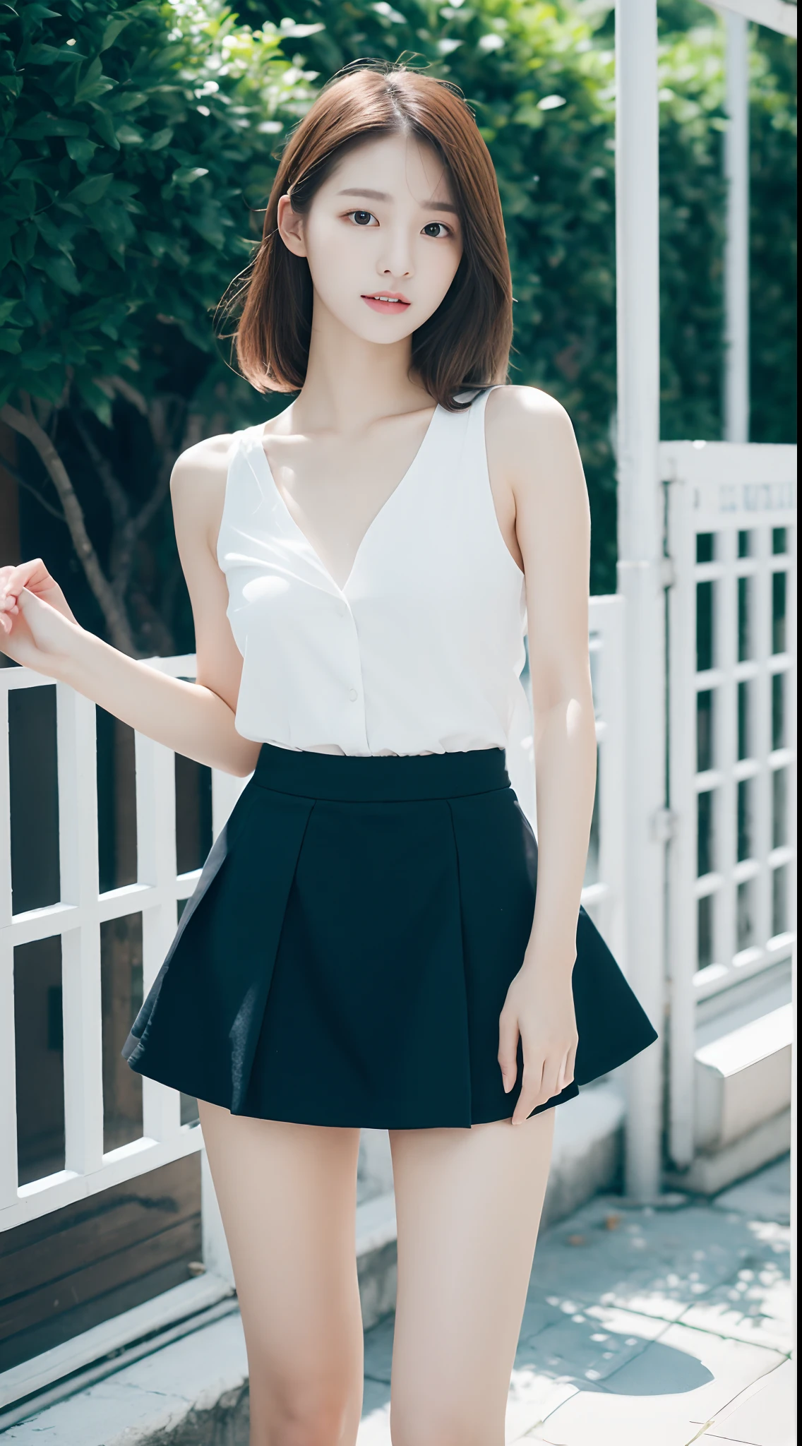 top Quority,Ultra-clear resolution,Clear eyes,plain face,s the perfect face,White skin,Perfect chest,with perfect legs,Long legs,Short black style skirt,Random environment