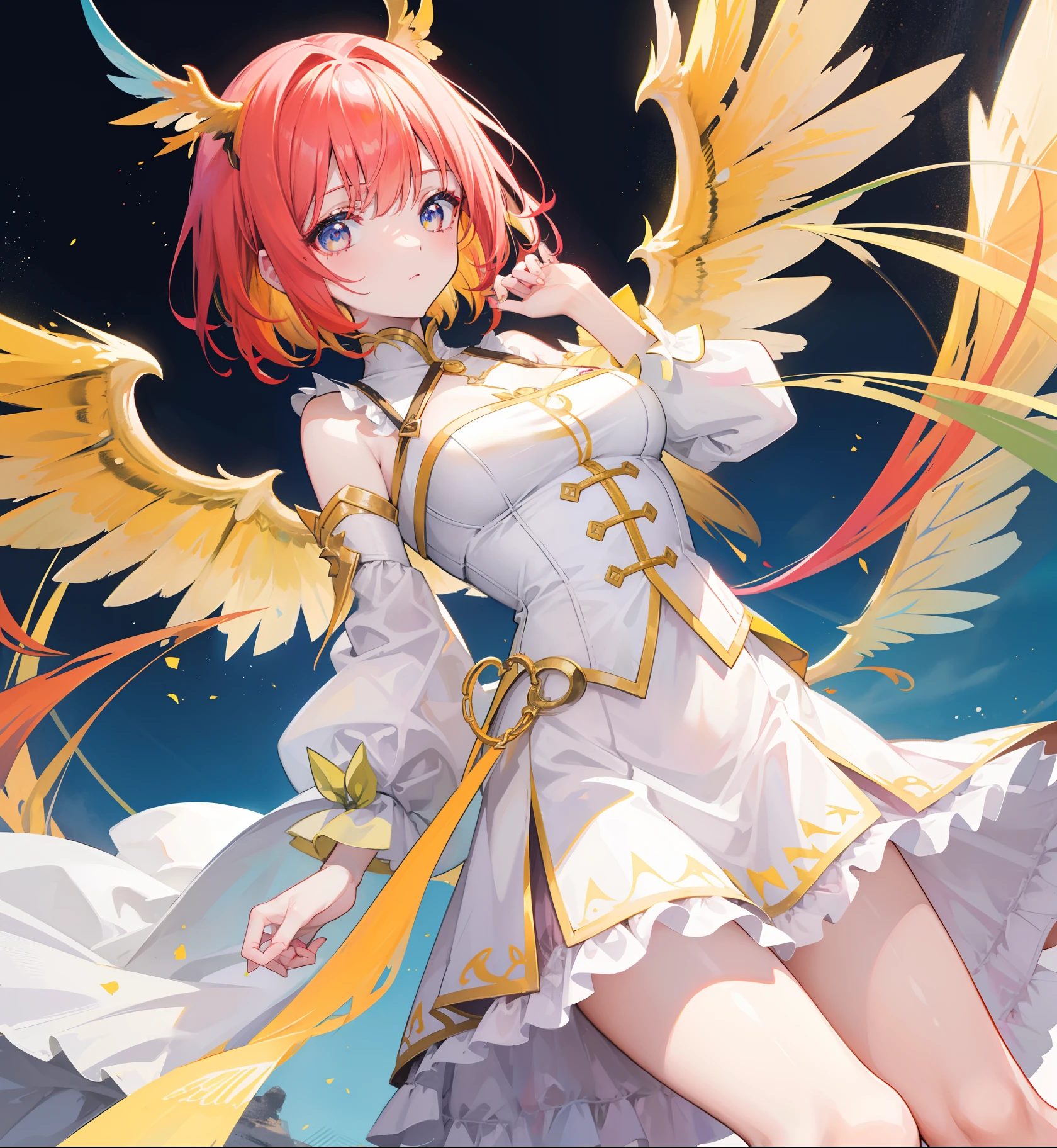 Yellow-red hair，Blue-brown pupils，Yellow-green wings，Clothes that match white and pink，She is a beautiful girl with dual cultivation of immortals and demons