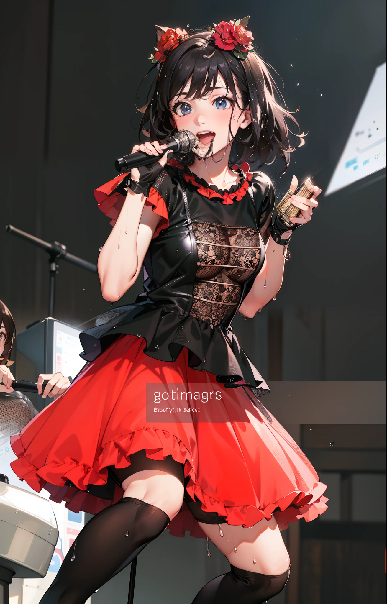 a sense of depth,concert,Dutch Angle Shot,low angles,Full body shot,medium shot,Wet clothes,Blowing in the wind:1.1,See-through clothes:1.1,wave her hand:1.1,A smile,Idol,Hold the microphone:1.1,Sing a song:1.1,Sweat splashes,swet,4K, (Raw photo: 1.2), (Realism: 1.4), (masutepiece: 1.3), (exquisite detailing: 1.2), Delicate and beautiful details, (Eye Detail), (Facial Detailed), (Highest Quality:1.4), (very detailed illustration), Best Quality, Super Resolution,Wide light, natural shadows