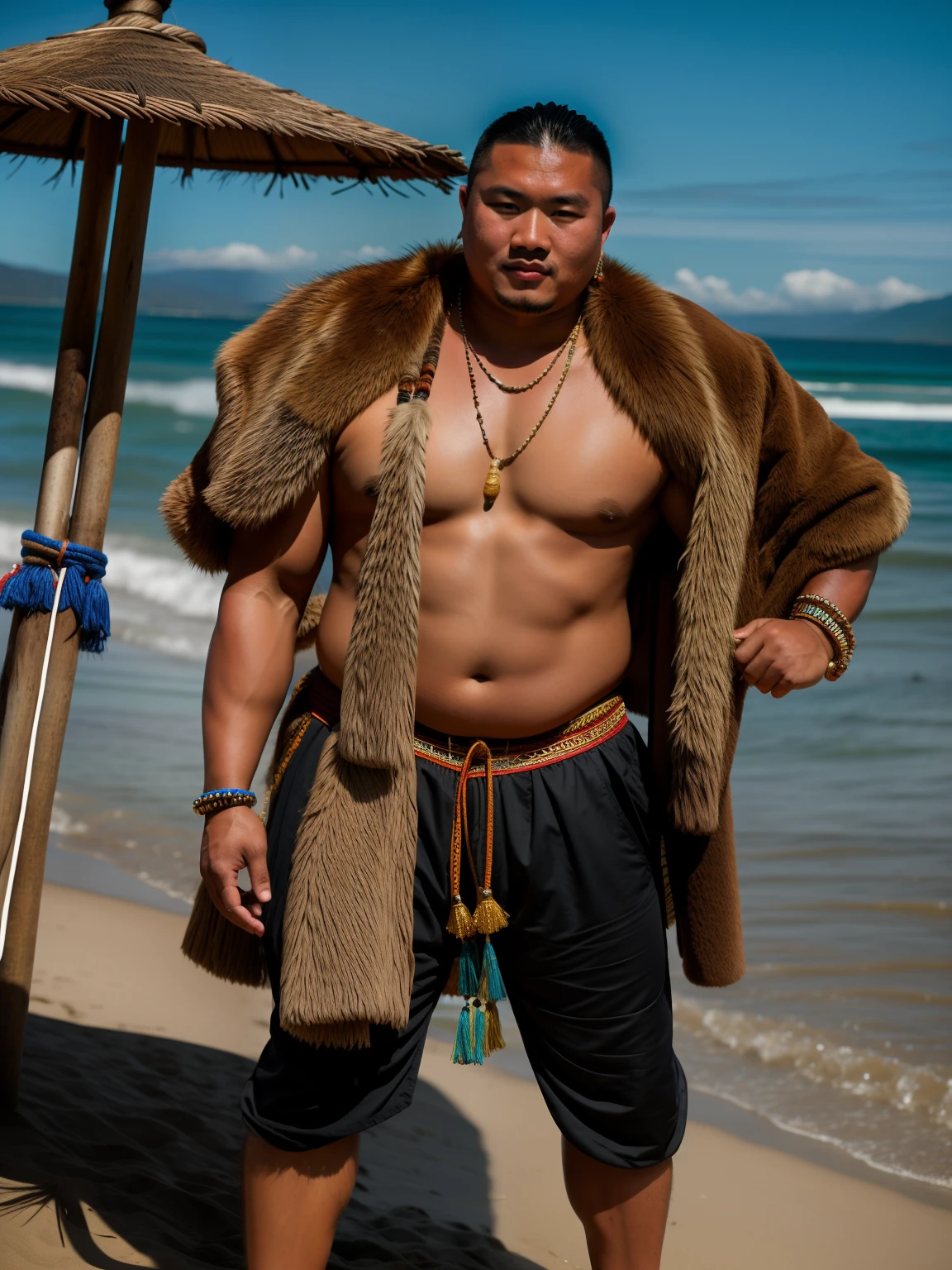 Mongolian man in native costume standing on the beach, skinhead，Asian male, wearing loincloth, asian man, loincloth, wearing tribal armor, Samoan characteristic, Shot on a Canon EOS R5, shot on canon eos r 5, inspired by I Ketut Soki, buff man, mid-shot of a hunky, attractive beefy male with armor