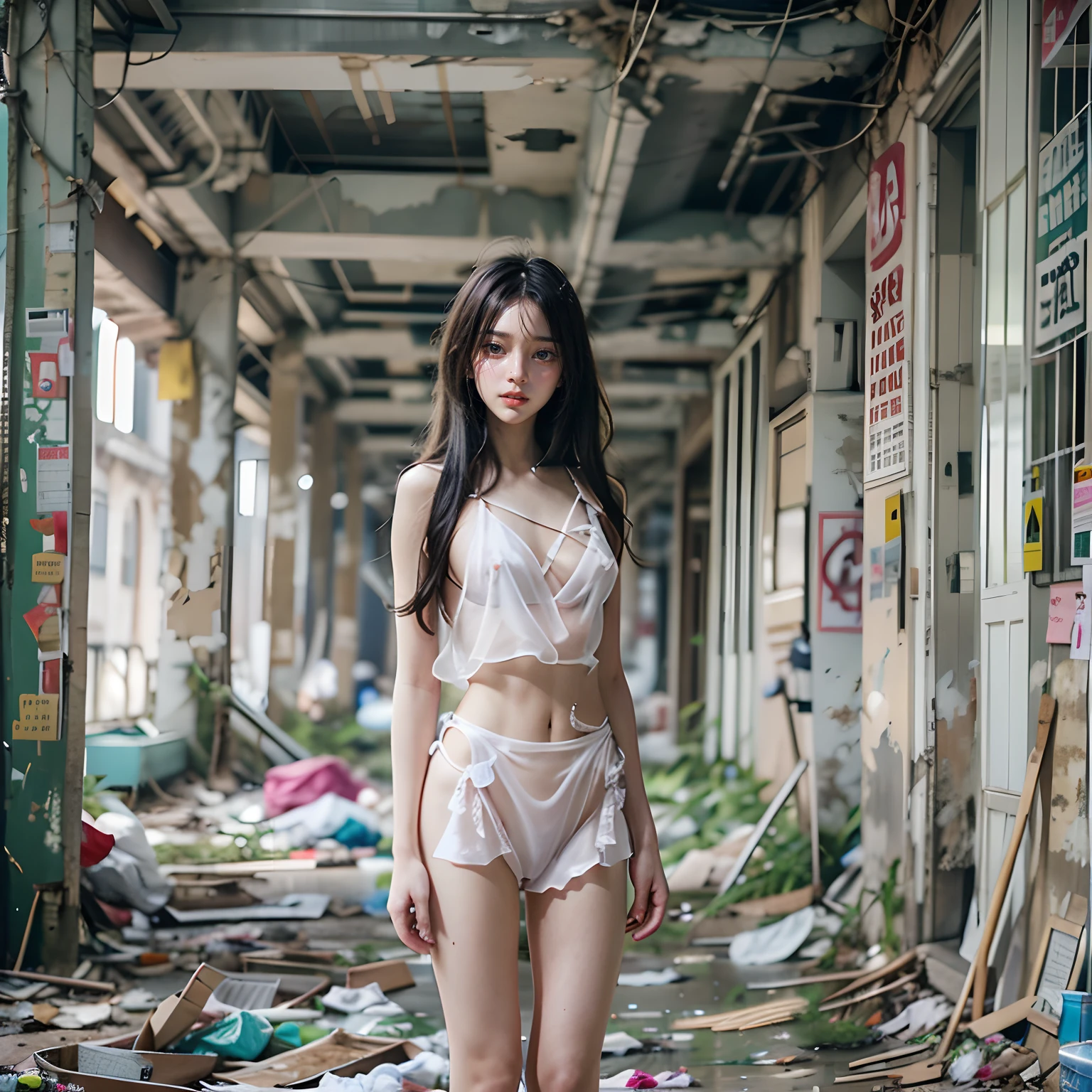 Highest image quality，best qualtiy，tmasterpiece，abandoned building，Garbage all over the ground，grimy，18-year-old Korean beautiful girl，Random white transparent bikini，very beautiful long slim legs，((Wearing a naked))((bare full body))(((Random nudity)))，exhibitionists，Random exposure of genitals