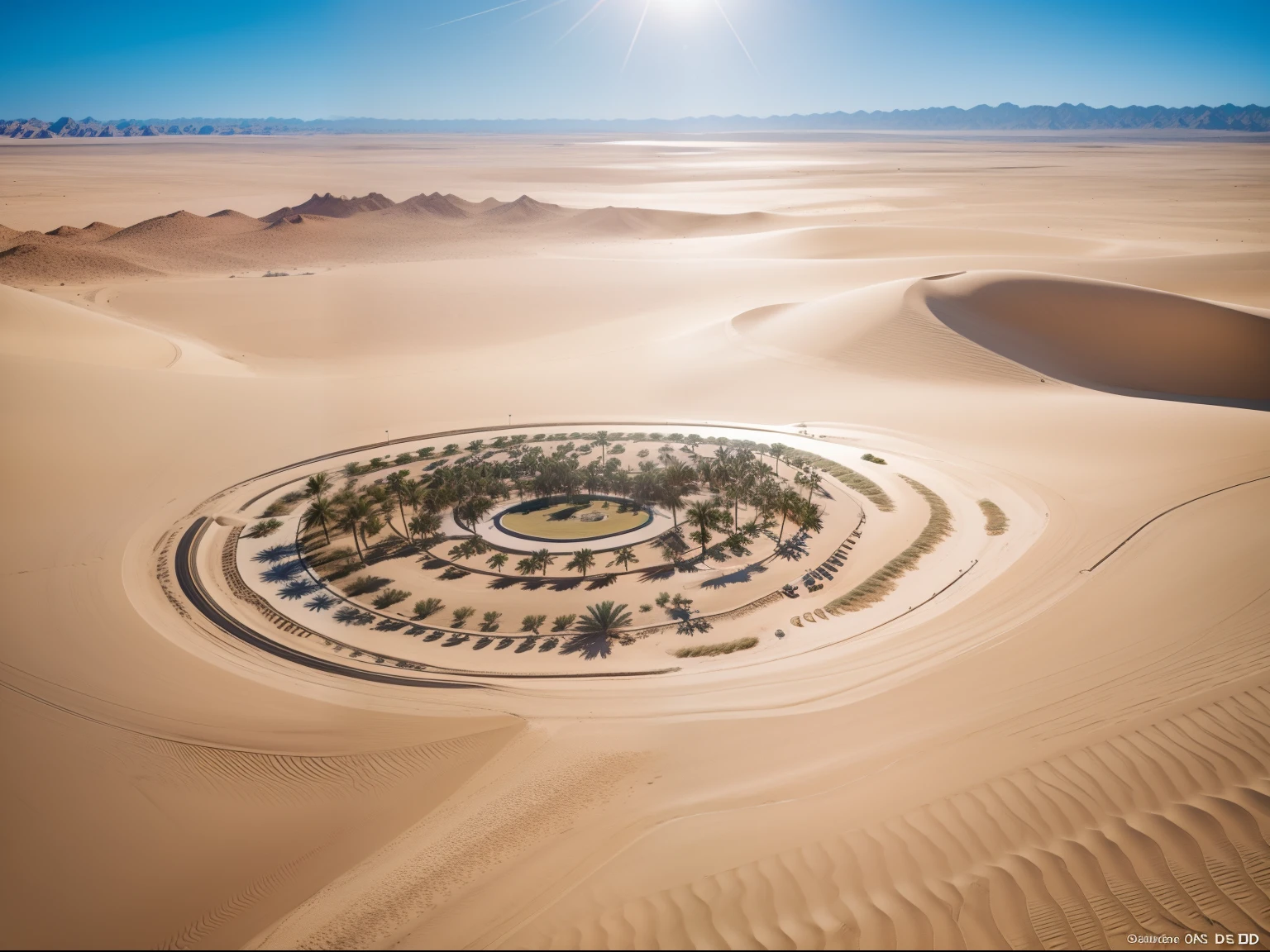 view from helicopter , a solo wonderful desert with palm trees, wonderful sand, no people, captured with a Canon EOS 5DS R with a 16-35mm lens at f/2.8, 8K resolution